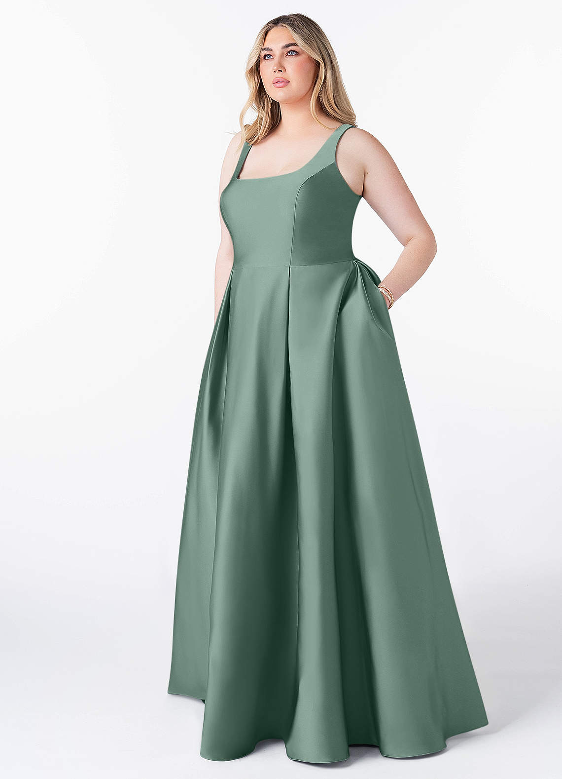 Azazie Neve Bridesmaid Dresses Eucalyptus Ball-Gown with Pockets Stretch Satin Dress image1