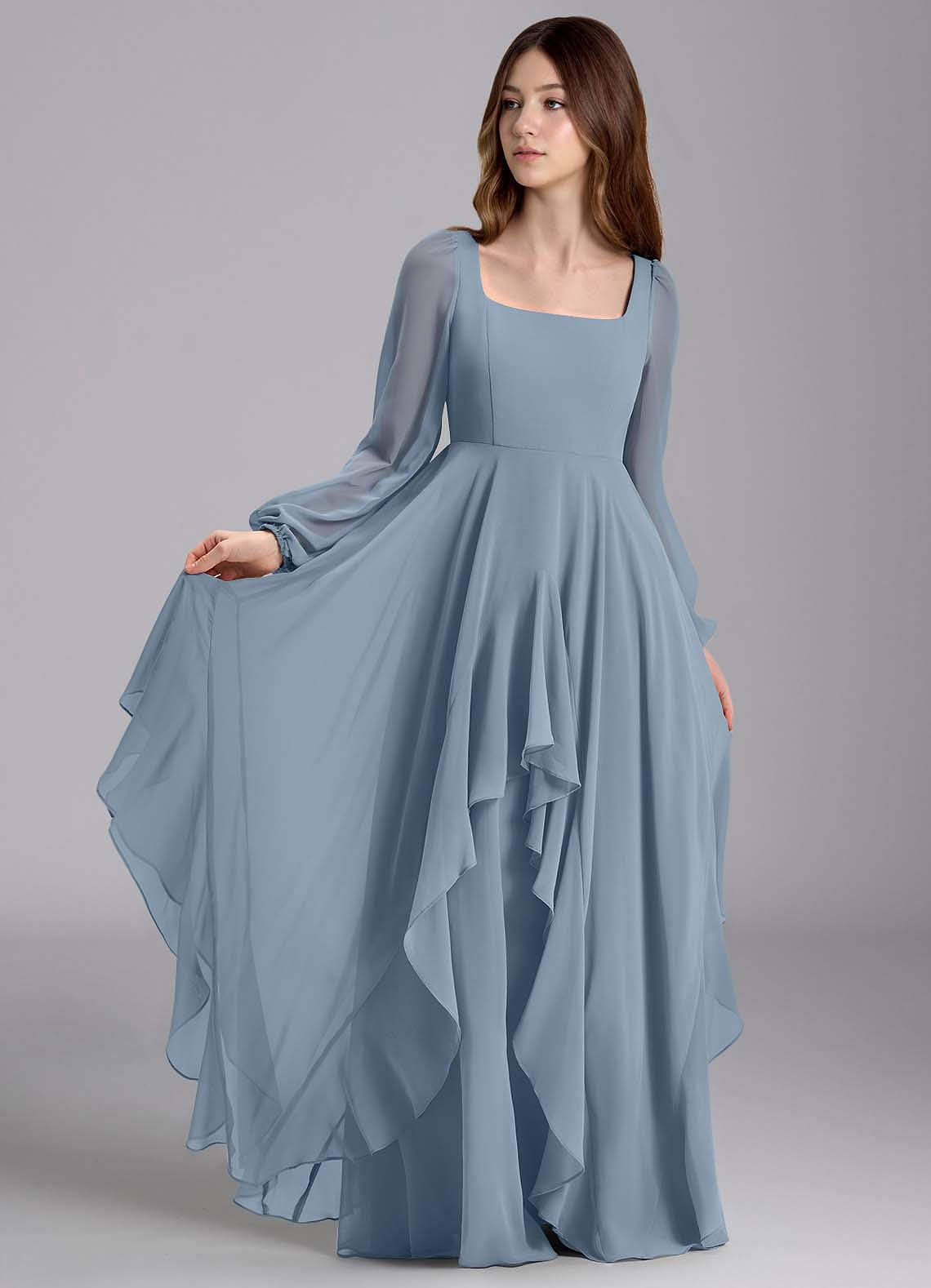 Azazie Clara Junior Jurk van Chiffon met A-Lijn Blouson Stoffig Blauw image1