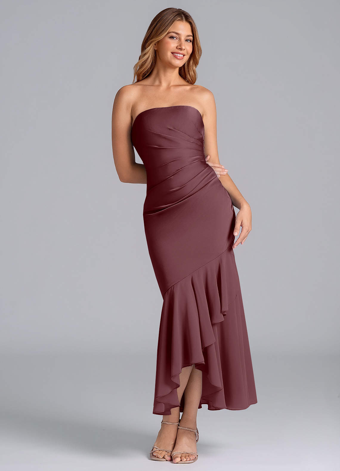 Azazie Danie Bridesmaid Dresses Sangria Sheath Strapless Chiffon Dress image1