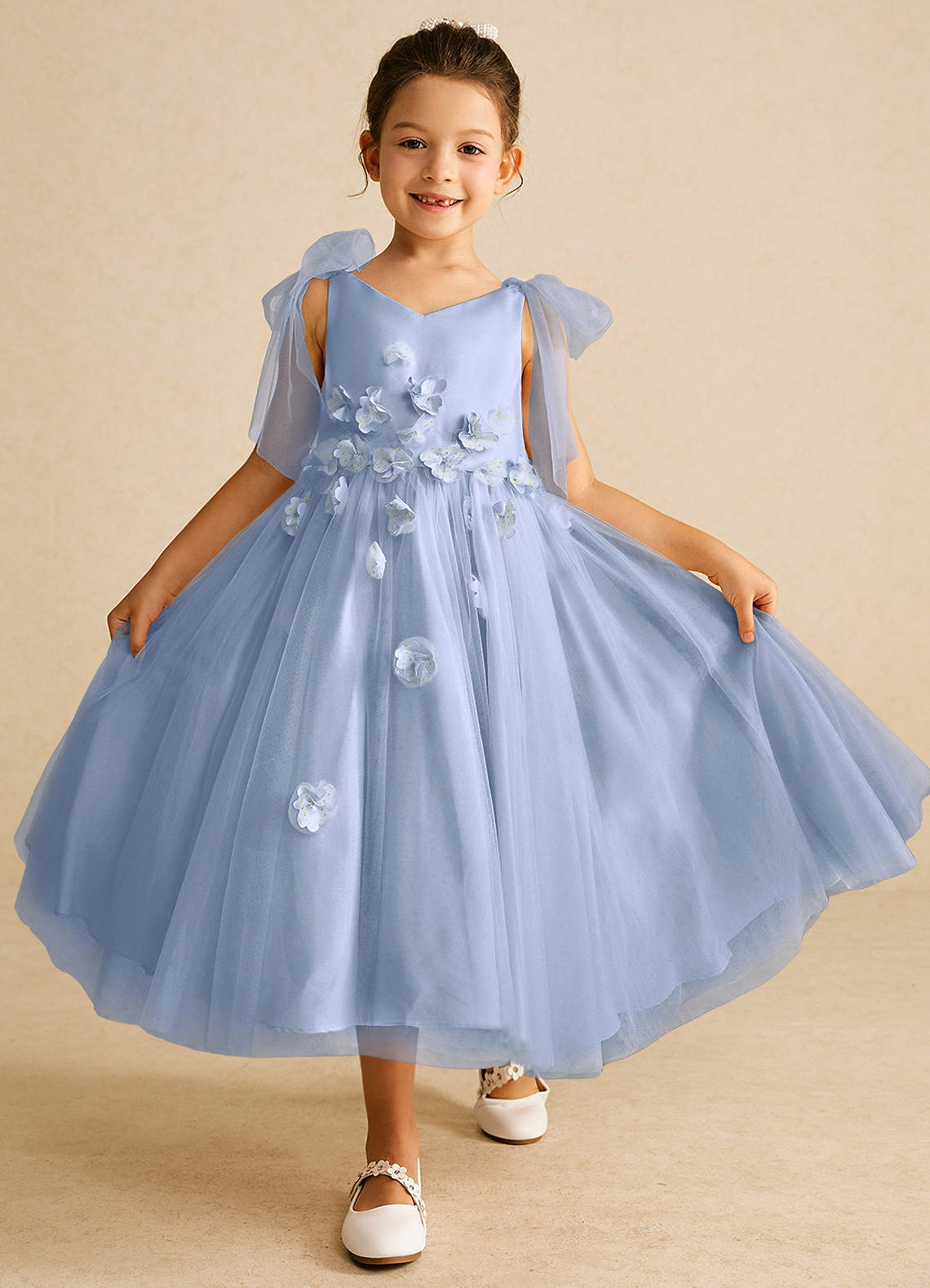 Azazie Minia vestidos de niña de las flores Vestido de Hielo de Satin Mate de Corte En A con Lazo image1