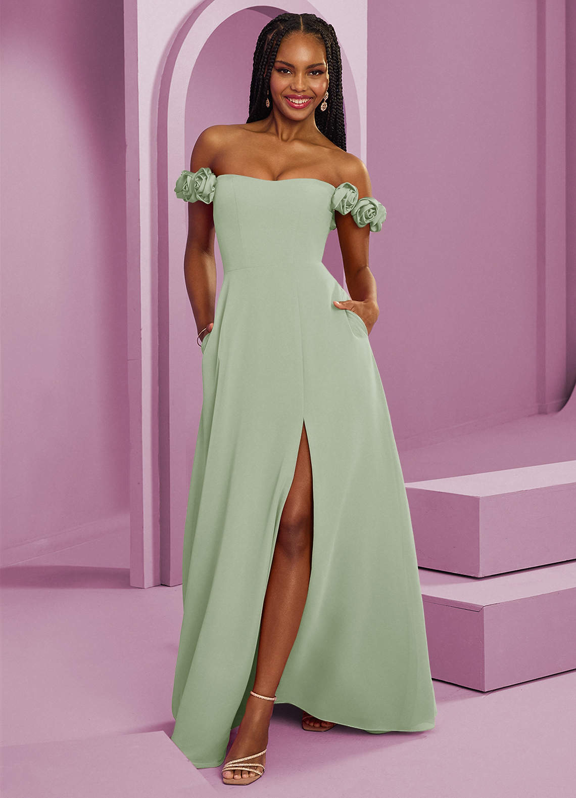 Barbie ♥ Azazie Bridesmaid Dresses Dusty Sage A-Line Off the Shoulder Chiffon Convertible Dress image1