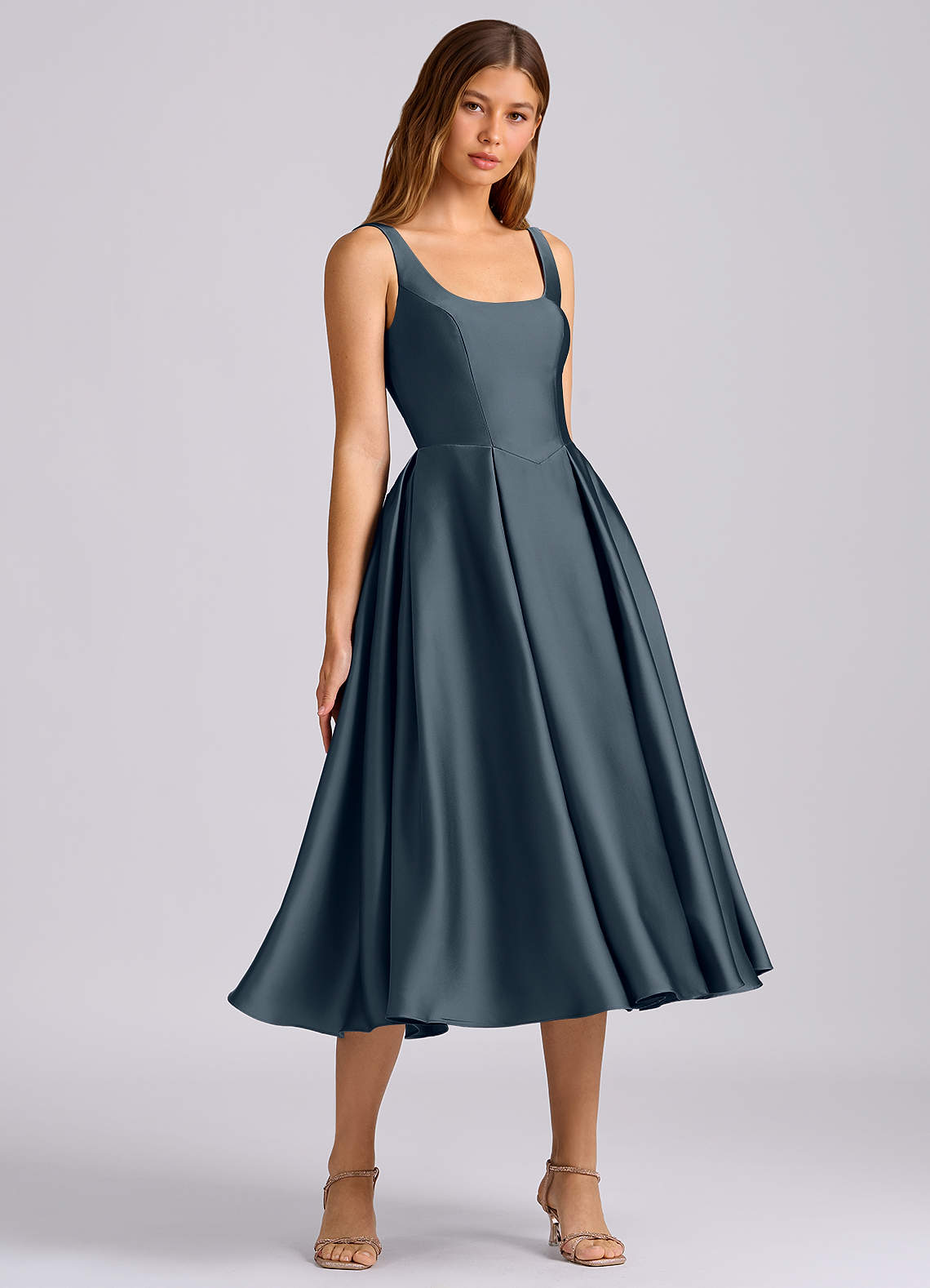 Azazie A-Line Square Neck Tea-Length Stretch Satin Bridesmaid Dresses - Twilight Azazie A-Line Square Neck Tea-Length Stretch Satin Bridesmaid Dresses - Twilight
