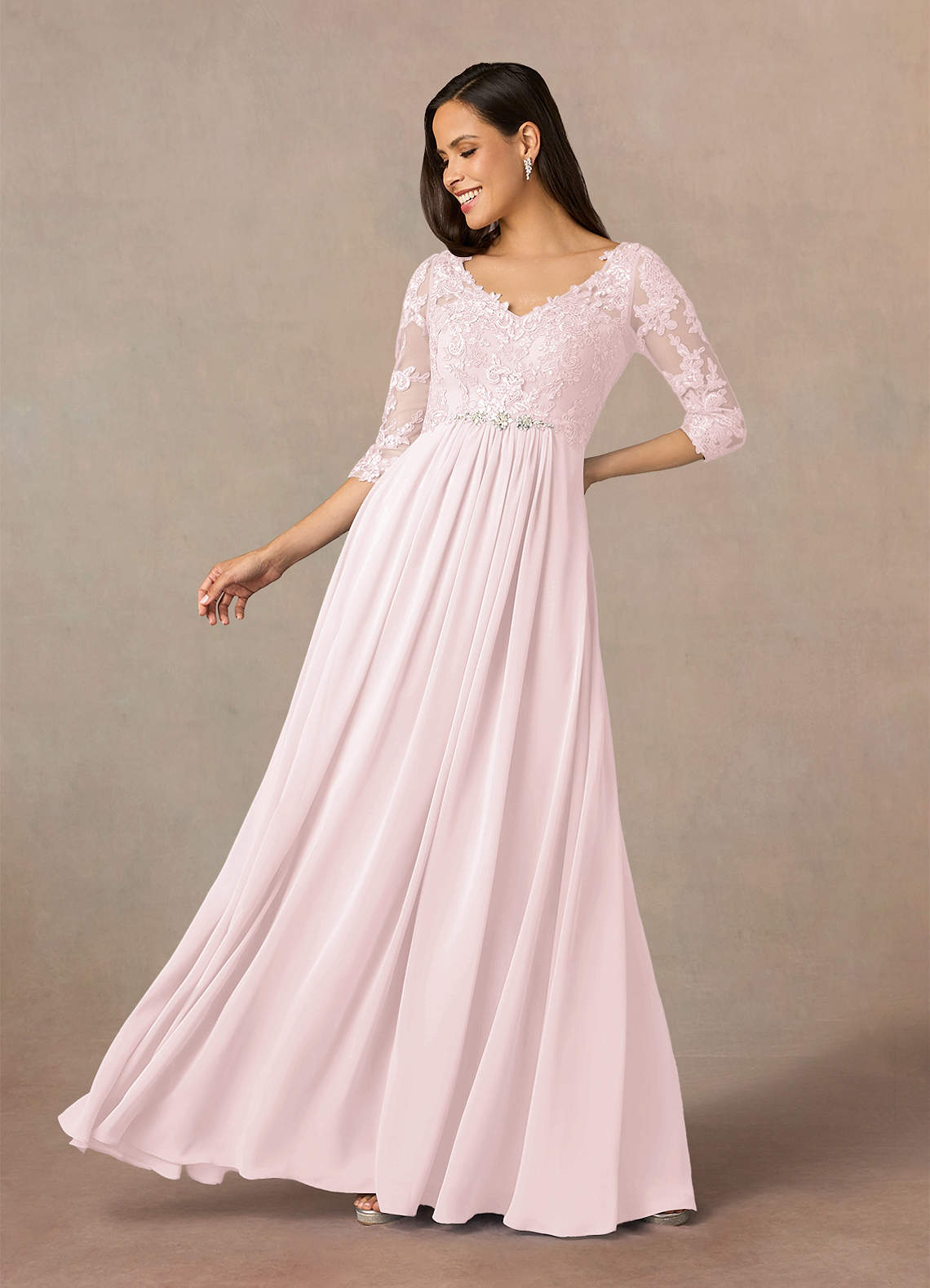 Azazie Hayek Mother of the Bride Dresses Blushing Pink A-Line V-Neck Lace Chiffon Dress image1
