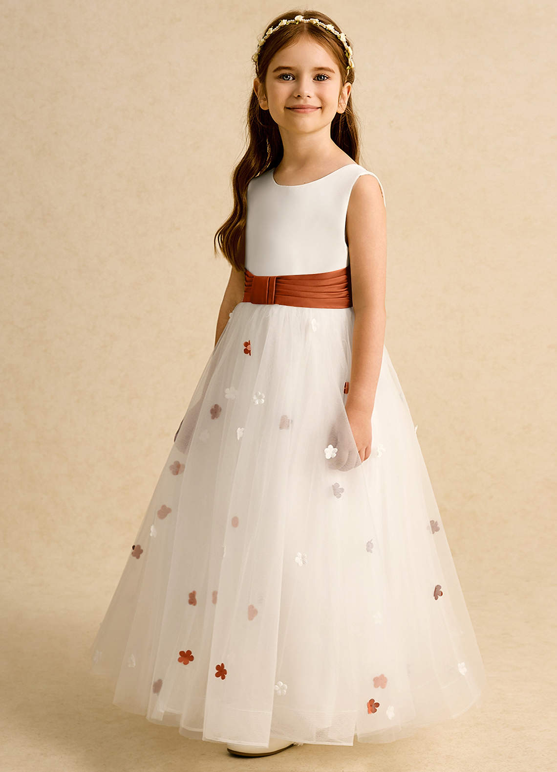 Azazie Cricket Flower Girl Dresses Ivory Burnt Orange Ball-Gown Pleated Matte Satin Dress image4