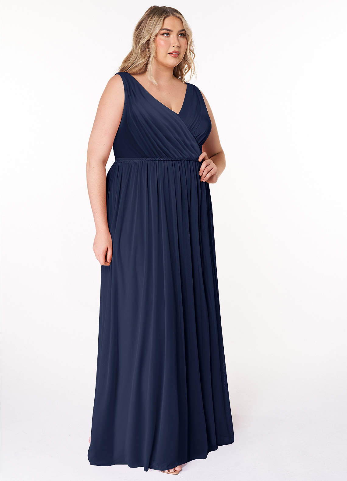 Azazie Tanicia Bridesmaid Dresses Dark Navy A-Line V-Neck Pleated Mesh Dress image7