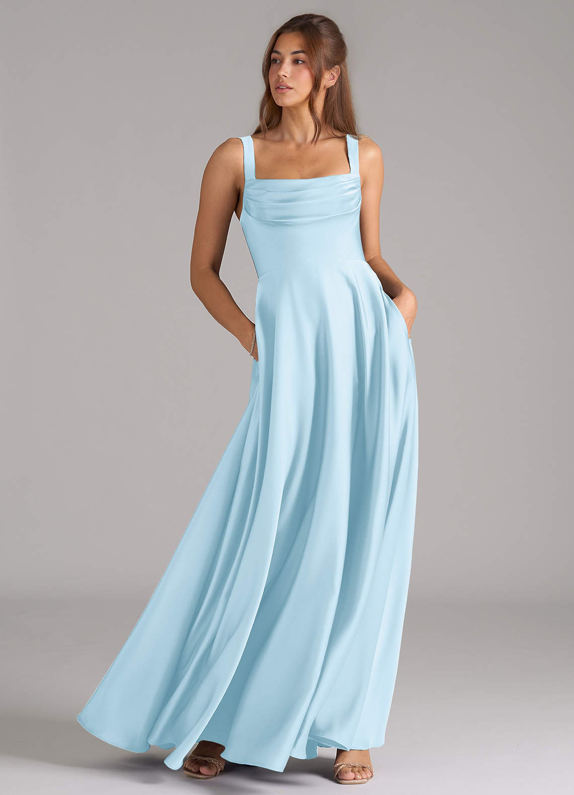 Azazie Shaude Bridesmaid Dresses Sky Blue A-Line Pleated Stretch Satin Dress image2
