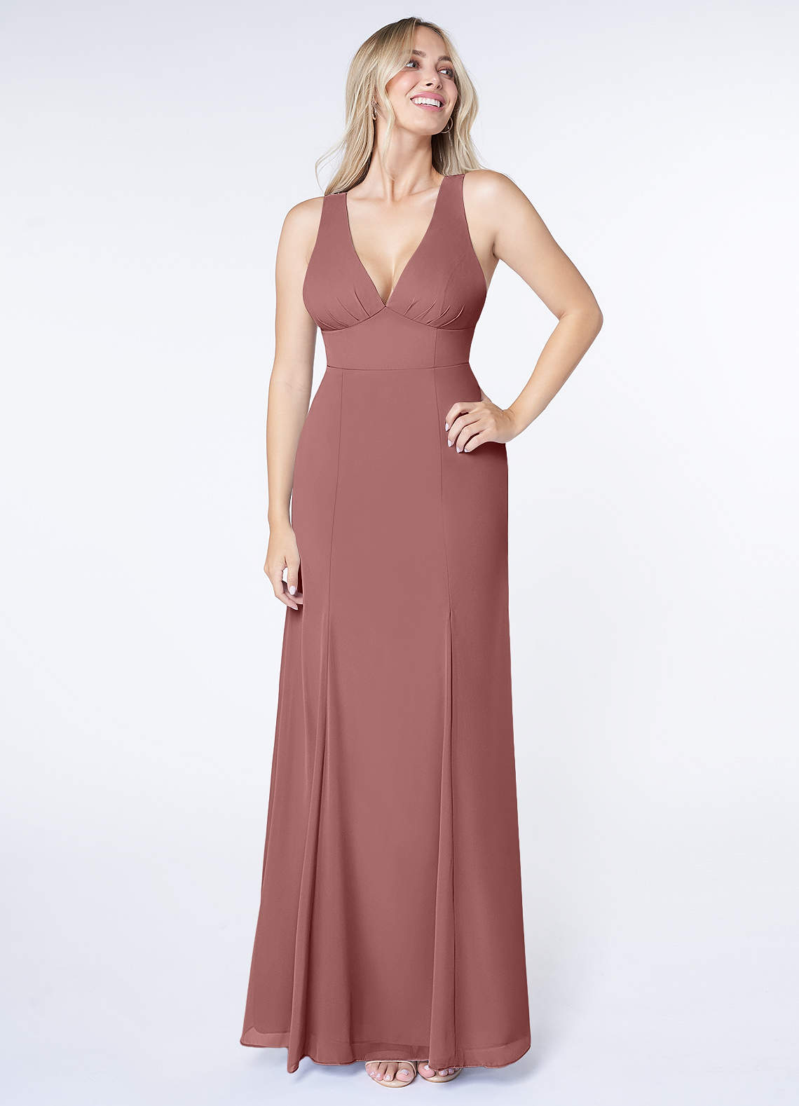 Azazie Christiana Bridesmaid Dresses Desert Rose A-Line V-Neck Pleated Chiffon Dress image1