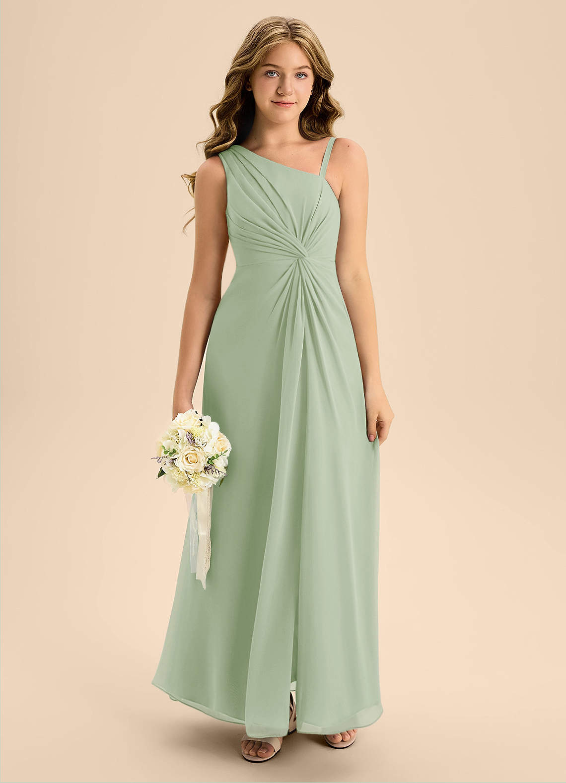 Azazie Brooke Junior Abito A-Line in Chiffon Spacco Laterale Verde Salvia image2