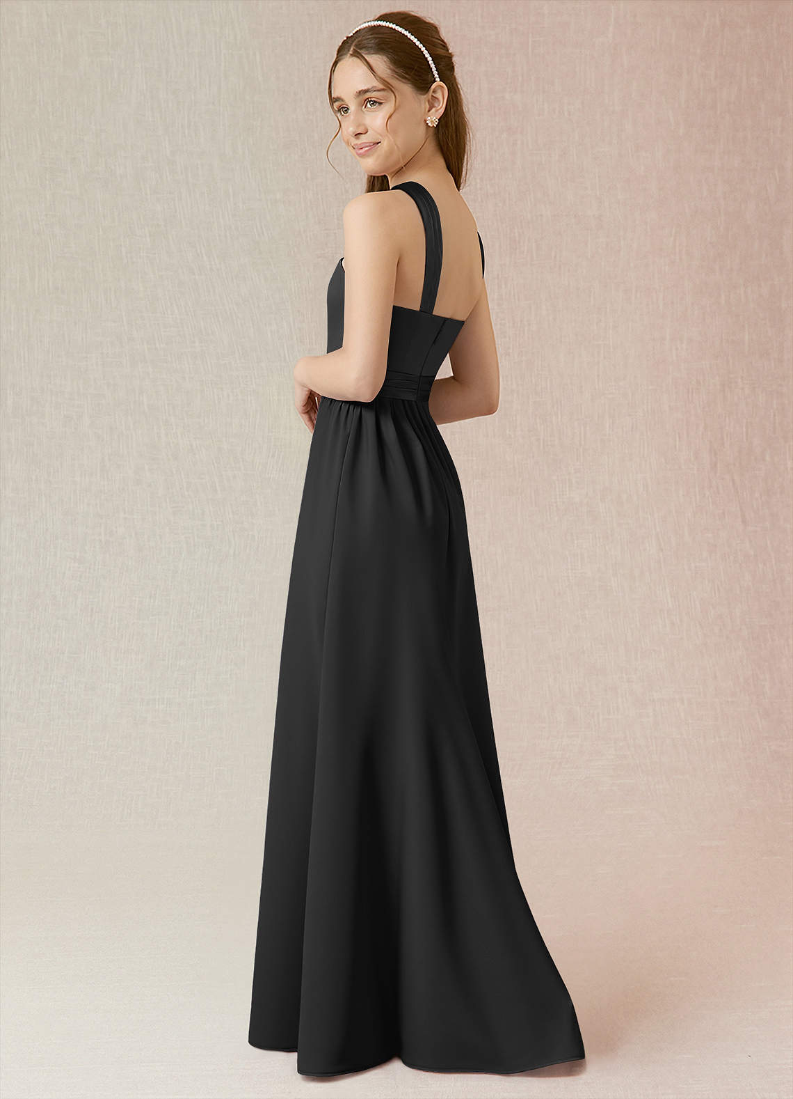 Azazie Jiya Junior Black A-Line Pleated Stretch Satin Dress image2