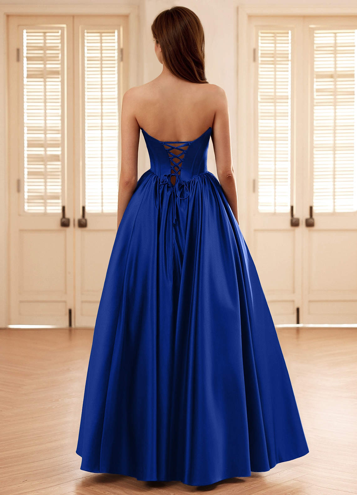 Seraphina Blue A-line Boned Corset Satin Prom Dress | Azazie