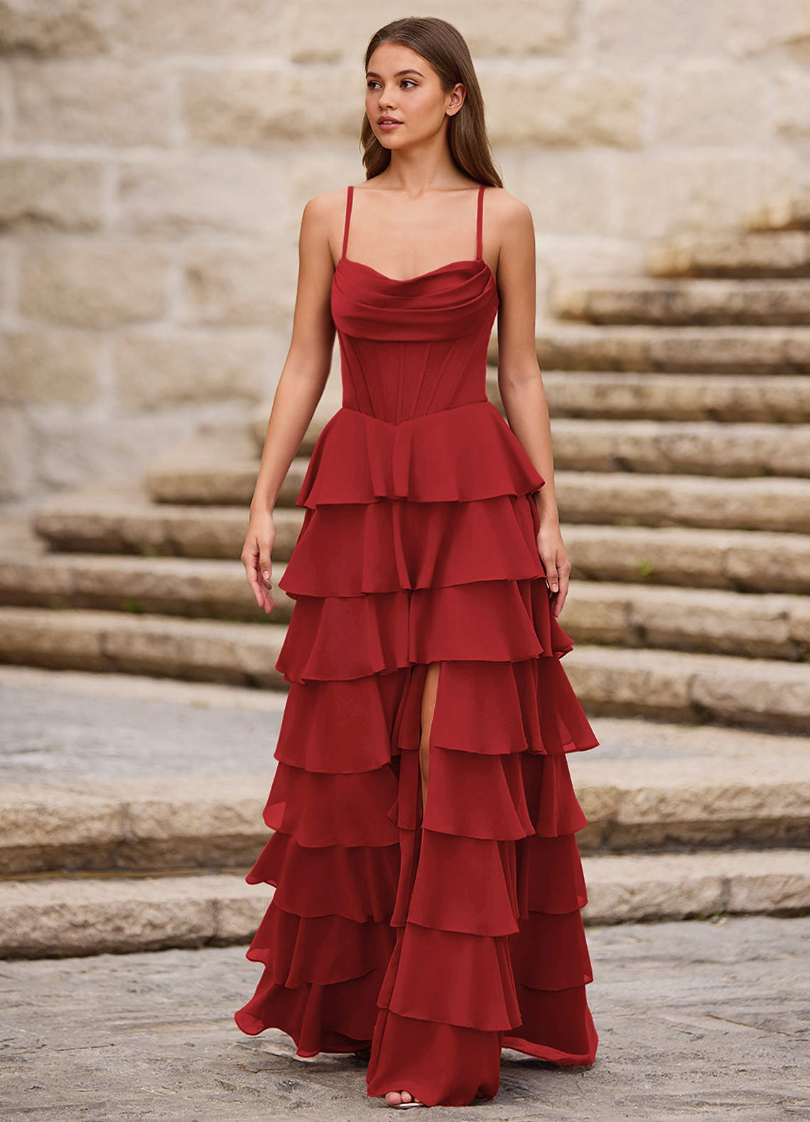 ruby red formal dresses Rhythm Ruby Red Ruffled A-line Prom Dress