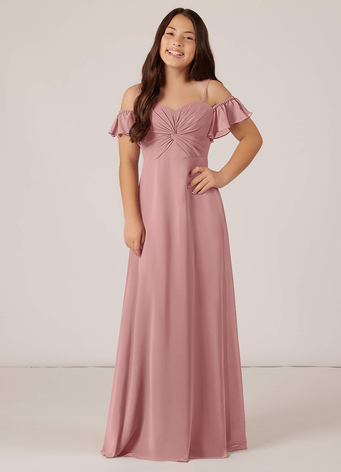 Azazie Juna Junior Dusty Rose A-Line Off the Shoulder Chiffon Dress image1