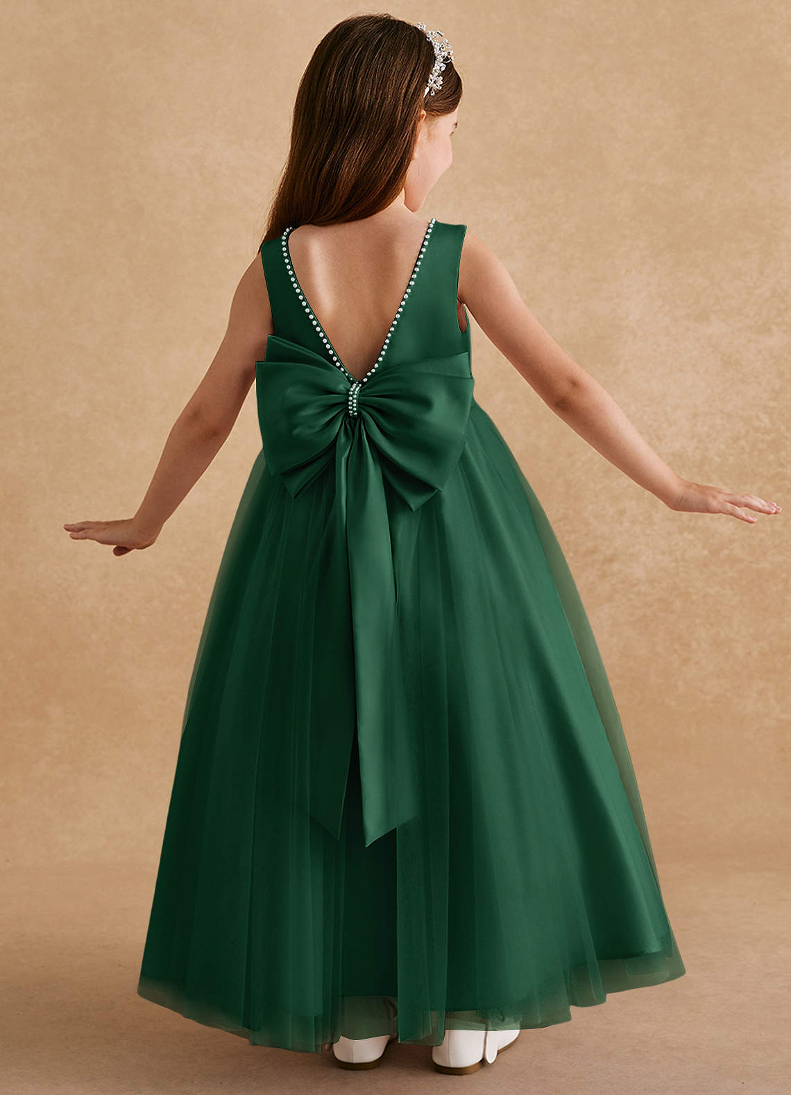 Azazie Cookie Flower Girl Dresses Dark Green A-Line Bow Tulle Dress image1