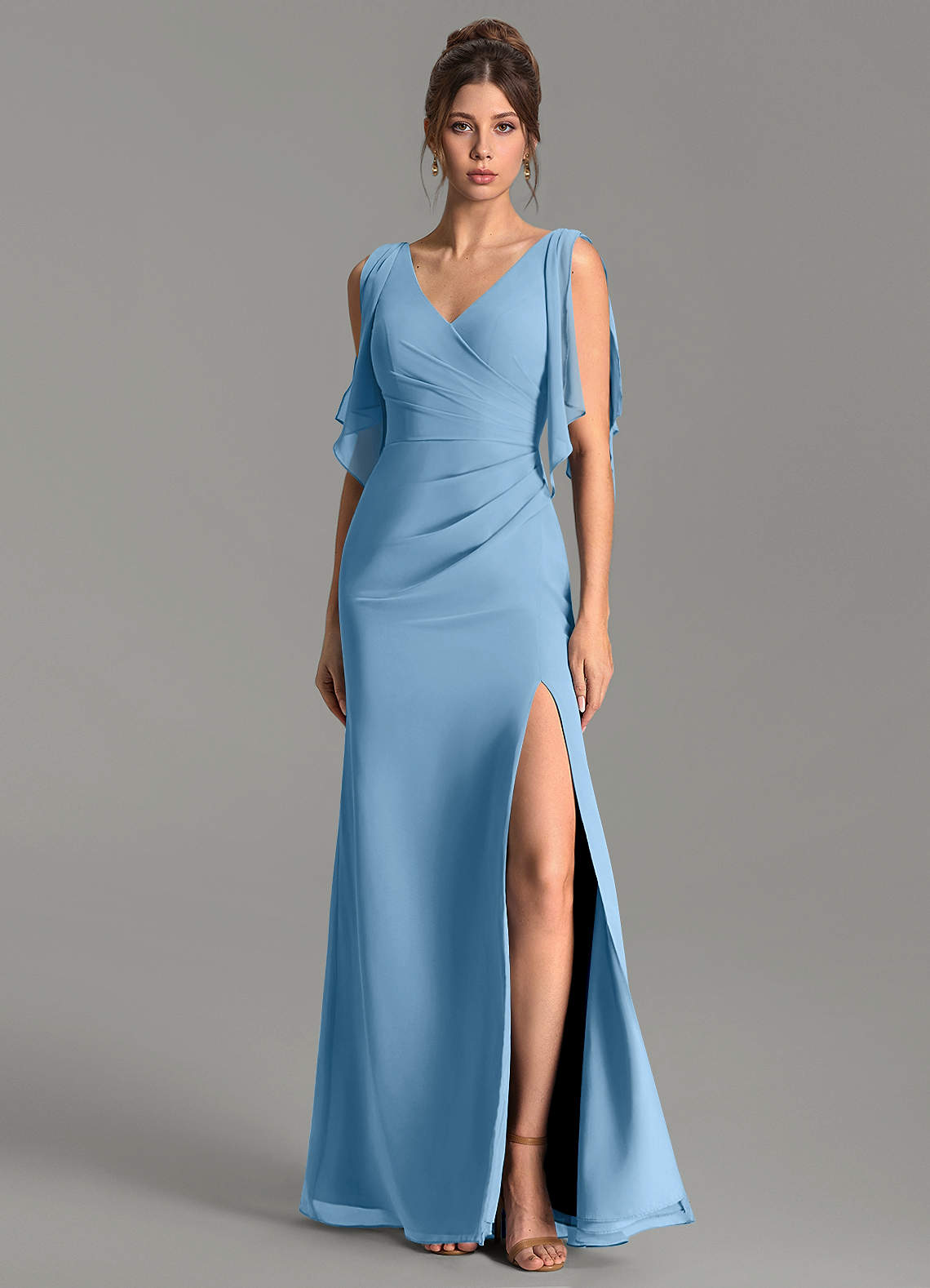 steel blue chiffon bridesmaid dresses Azazie Ember From the waist gown dress for girls Diane Von Furstenberg Floral Color:Cream Lt Blue