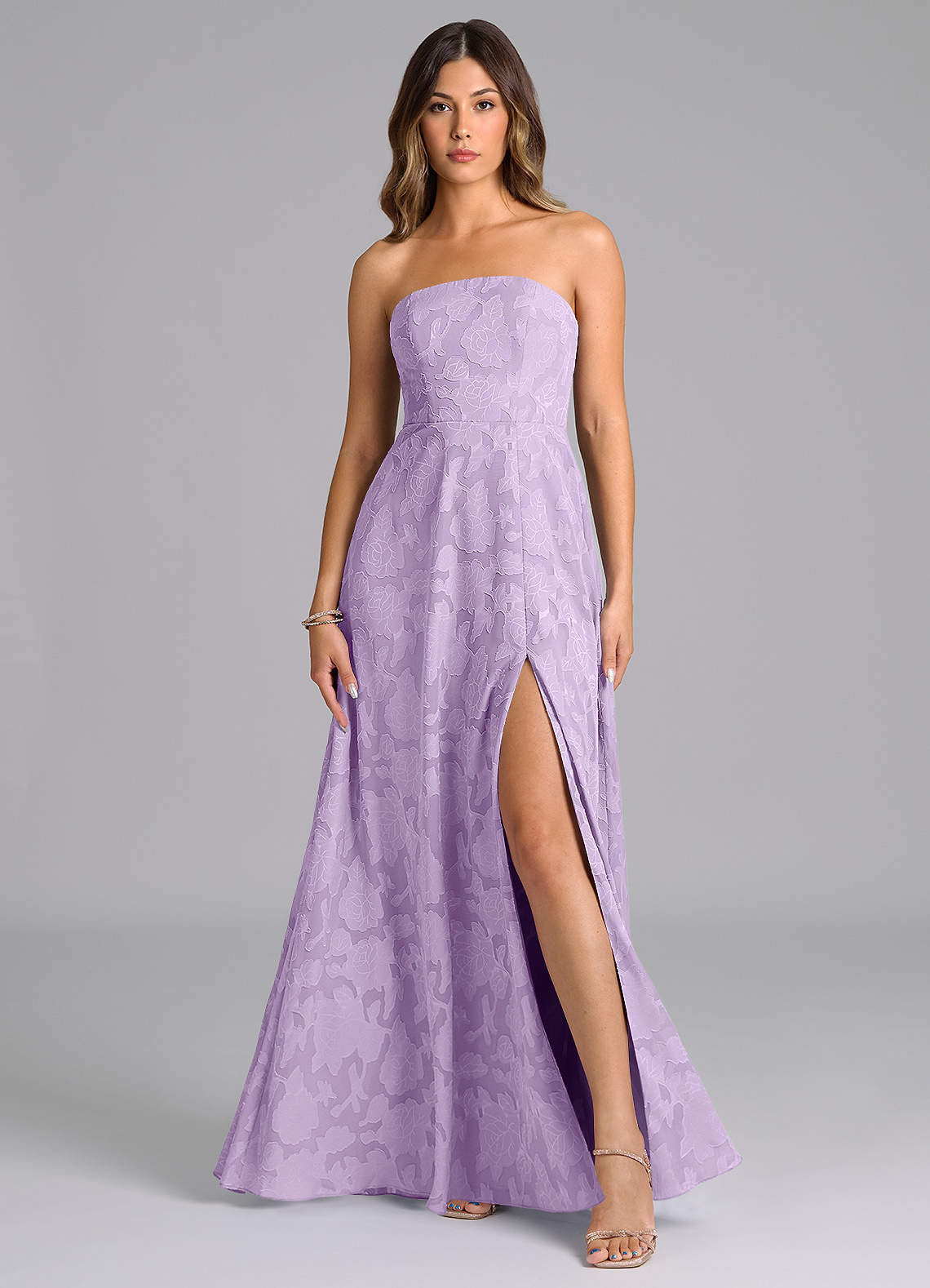 Azazie Wren Bridesmaid Dresses Lilac A-Line Strapless Floral Burnout Dress image1