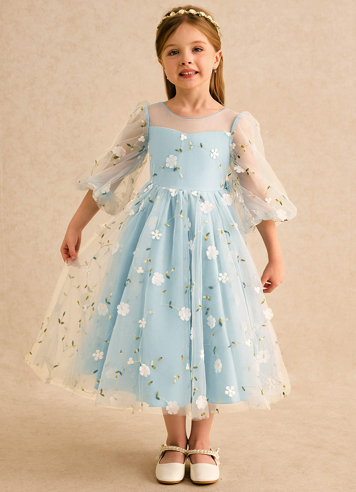 Azazie A-Line/Princess Illusion Tea-Length Tulle Flower Girl Dresses - Sea Glass
