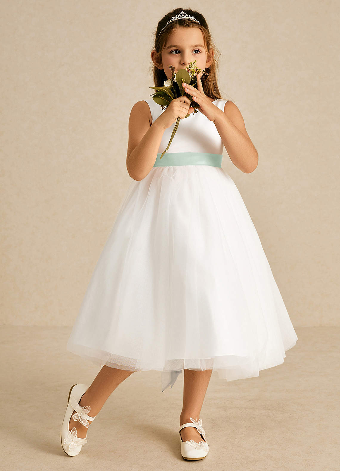 Azazie Kavi Flower Girl Dresses Ivory Agave A-Line Bow Matte Satin Dress image2