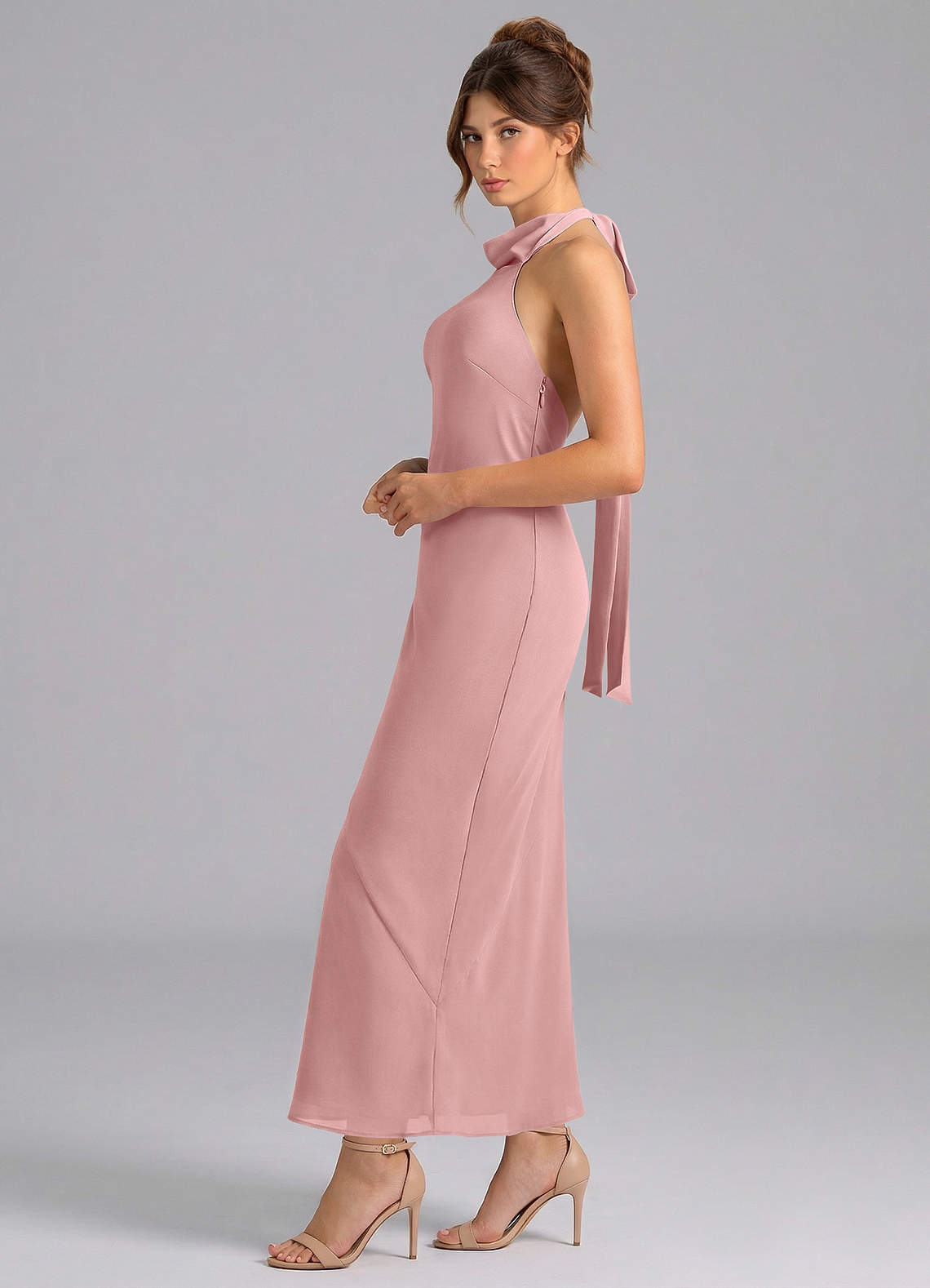 Azazie Velli At-home Try On Dresses Dusty Rose Mermaid High Neck Chiffon Dress image3