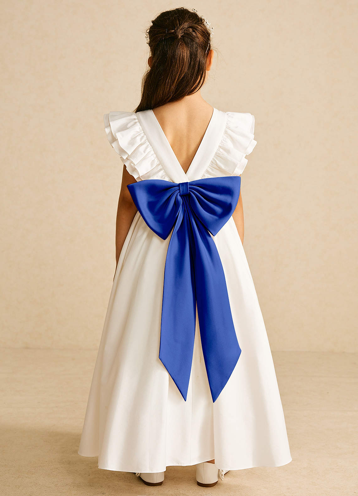 Azazie A Line Scoop Neck Ankle Length Matte Satin Flower Girl Dresses Ivory Royal Blue