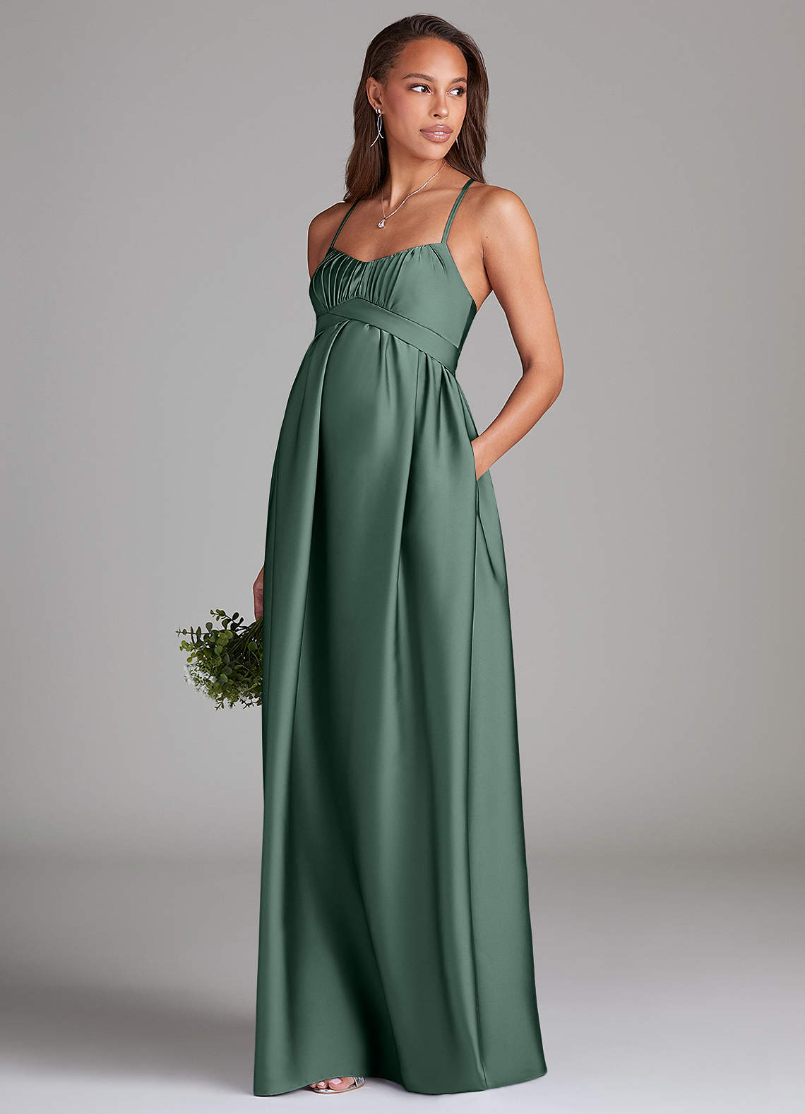 Azazie Llana Vestidos de dama de honra para maternidade Vestir Linha A com bolsos Comprimento do chão Cetim elástico image2