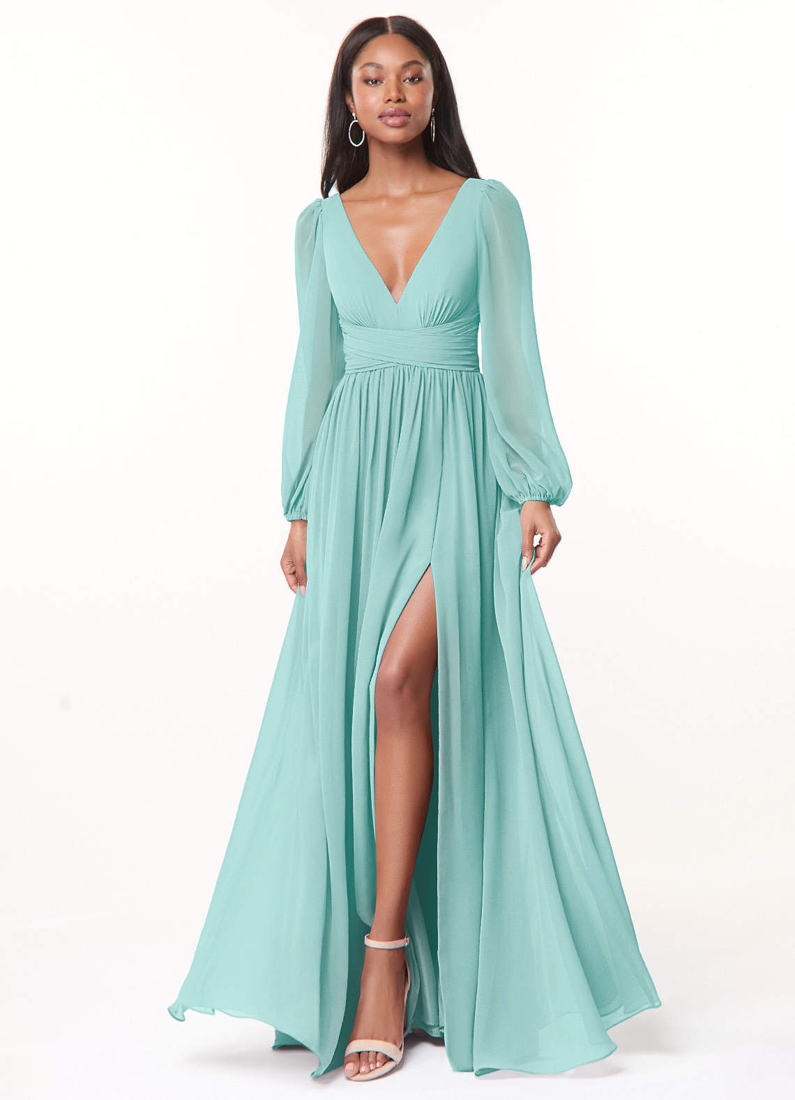 Azazie Norah Bridesmaid Dresses Aqua A-Line V-Neck Long Sleeve Chiffon Dress image1