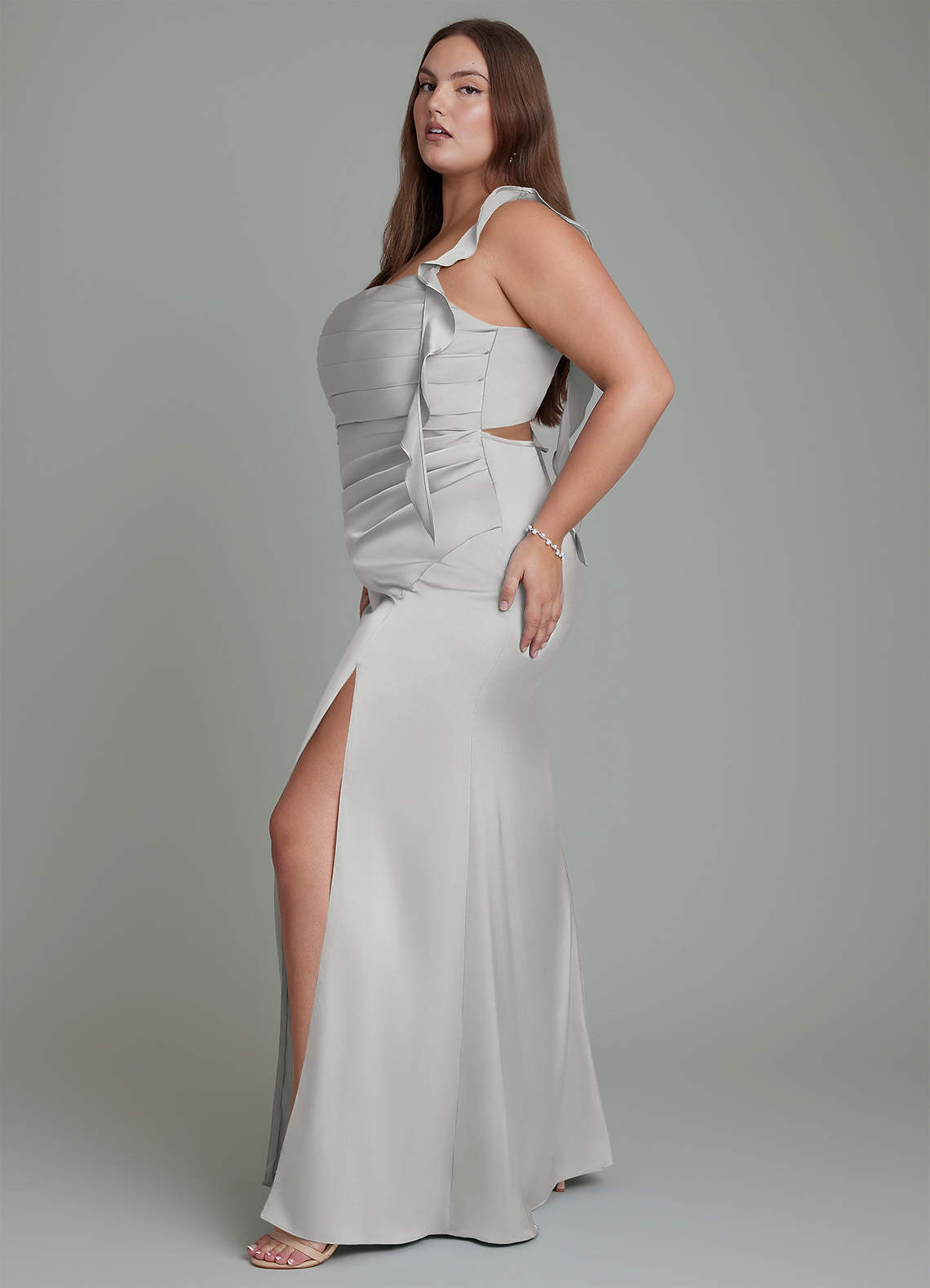 Azazie Jessamine Bridesmaid Dresses Silver Sheath Corset Stretch Satin Dress image11