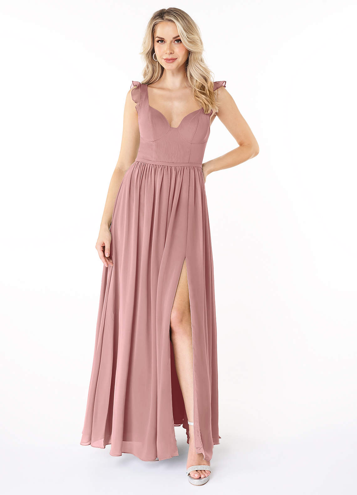 Azazie Stassie Brautjungfernkleider A-Linie Herzchen Gerüscht Chiffon Kleid Altrosa image1