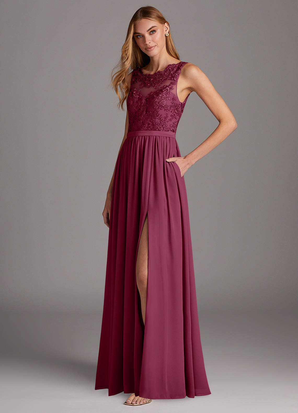 Azazie Elly Bridesmaid Dresses Mulberry A-Line Lace Scoop Neck Chiffon Dress image1