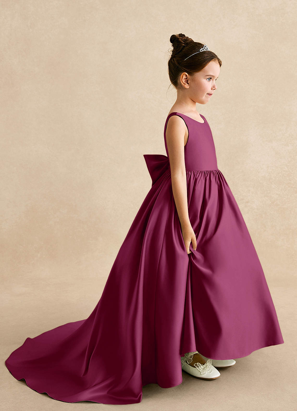 Azazie Mimia Flower Girl Dresses Mulberry A-Line Bow Matte Satin Dress image1