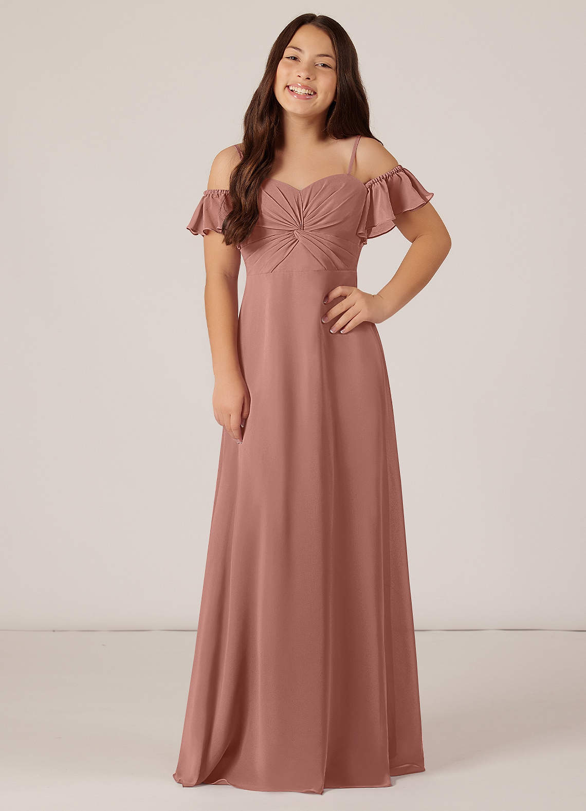 Azazie Juna Junior Robe Trapèze en Mousseline de soie Épaule décolletée Rose De Cèdre image1