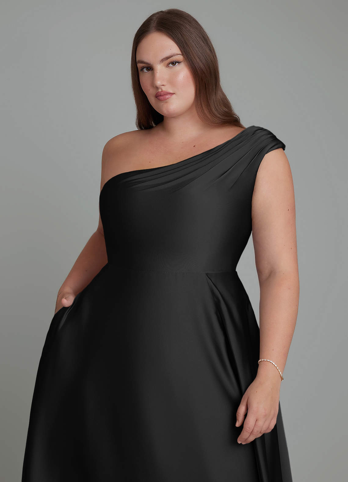 Azazie Melanie Bridesmaid Dresses Black A-Line Off the Shoulder Stretch Satin Dress image11