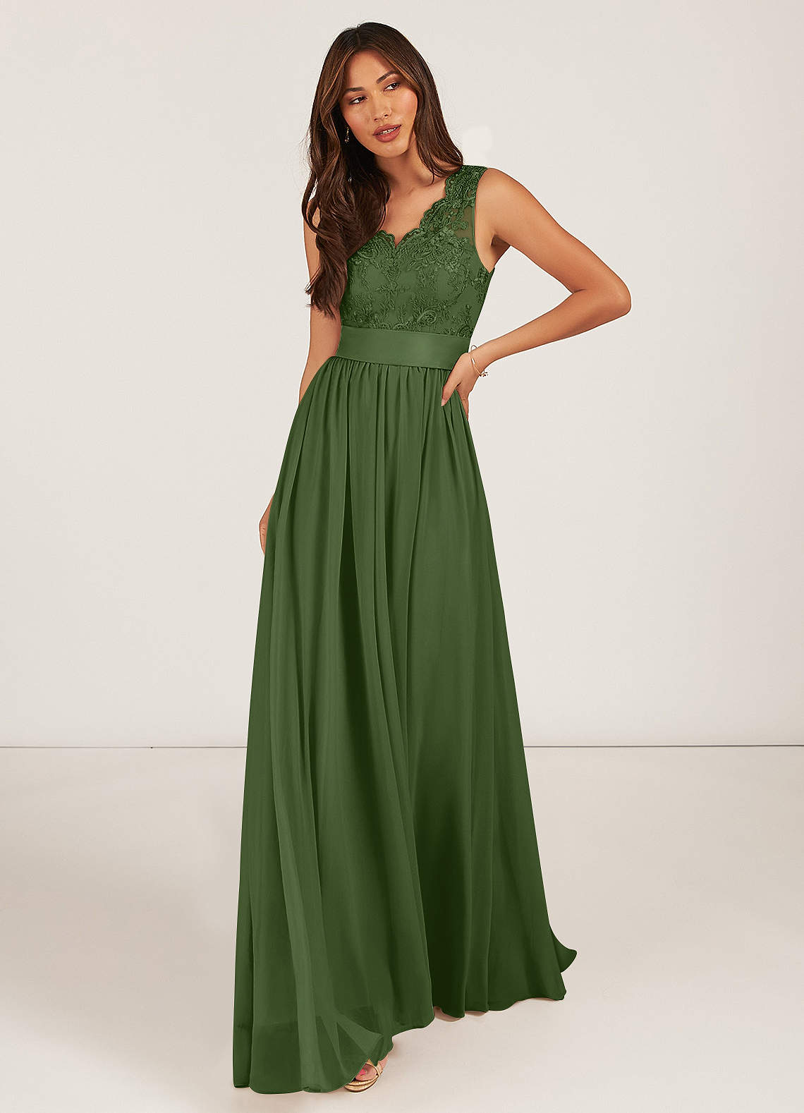 Azazie Gertrude Brautjungfernkleider A-Linie Spitze Chiffon Kleid Olivgrün image1