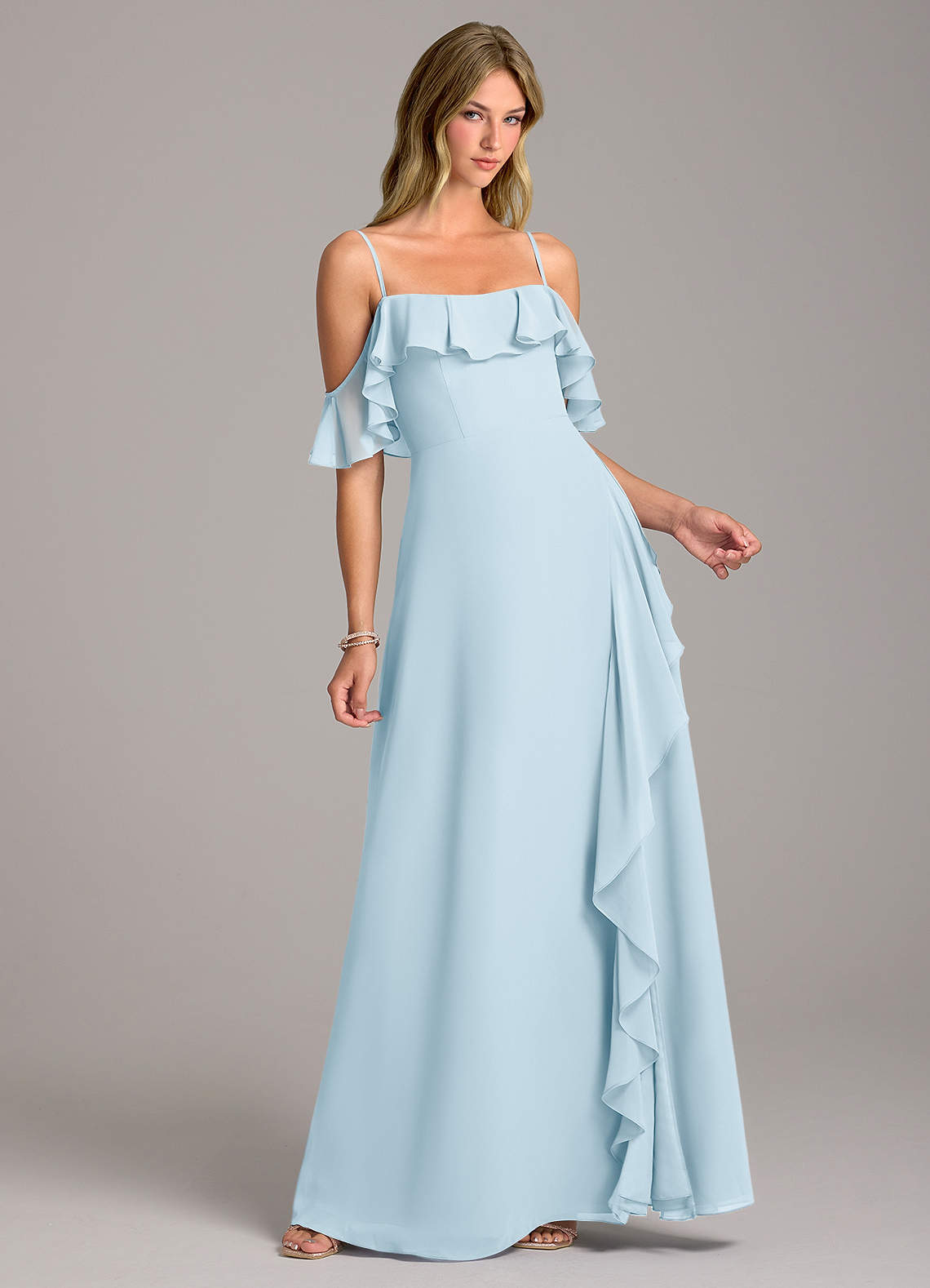 Azazie Aubrie Bridesmaid Dresses Sky Blue A-Line Off the Shoulder Chiffon Dress image1