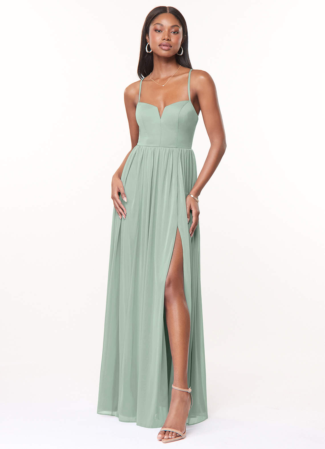 Azazie Marsol Bridesmaid Dresses Agave A-Line Corset Mesh Dress image1
