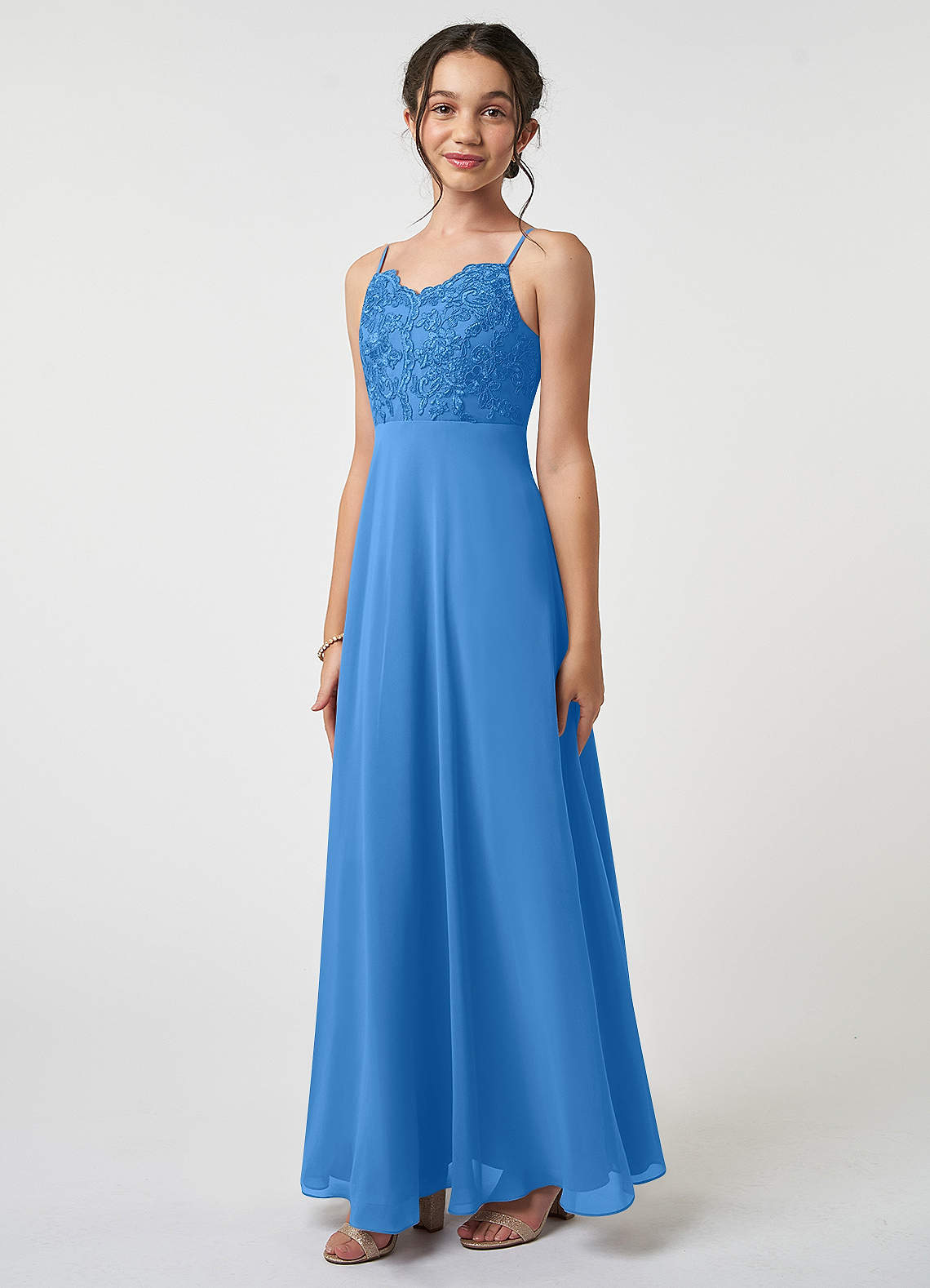 Azazie Sonya Junior Blue Jay A-Line Lace Chiffon Dress image1