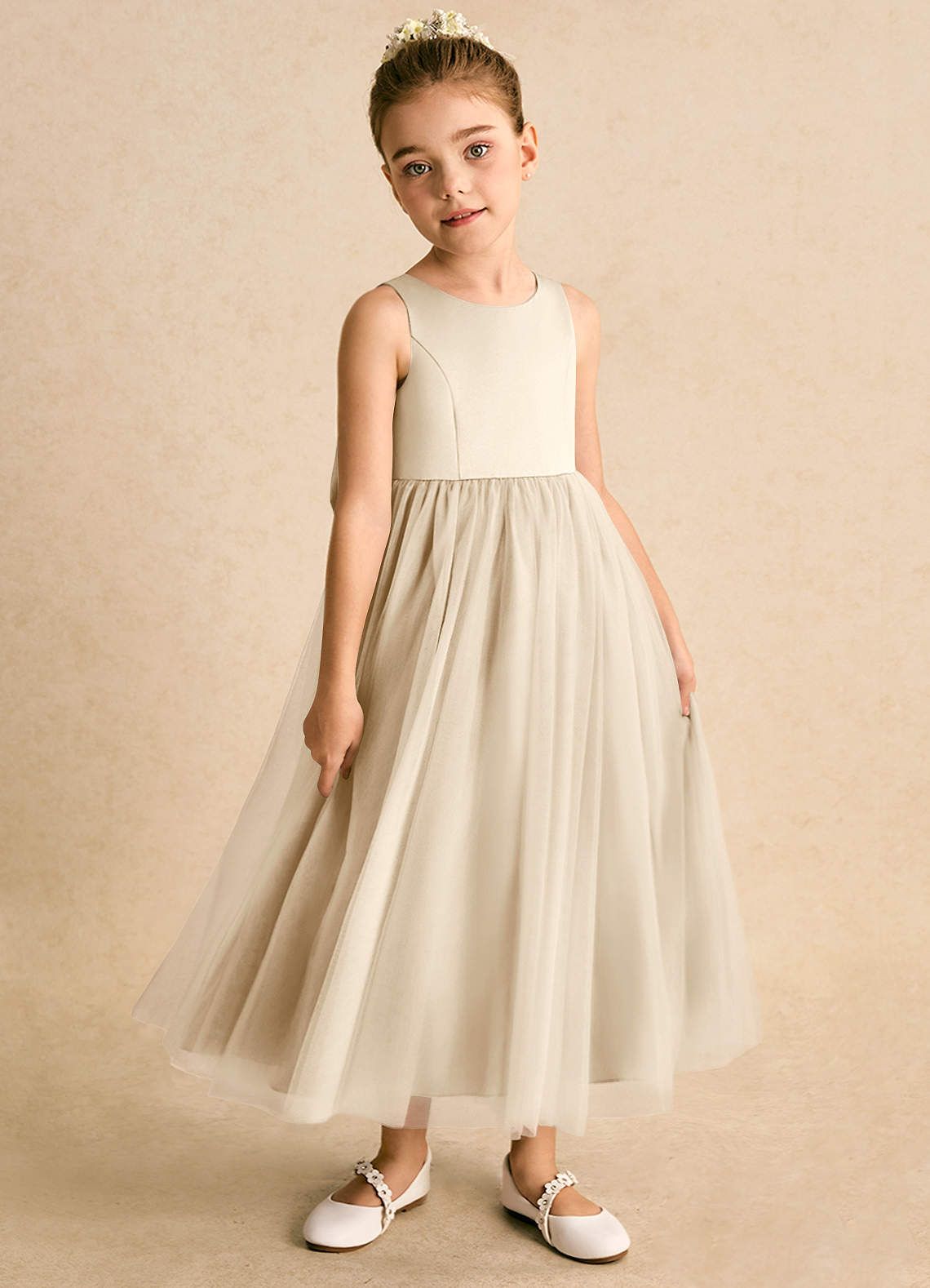 Azazie Solia Robe Demoiselle D'honneur Fillette Robe Princesse en Tulle Arc Champagne image3