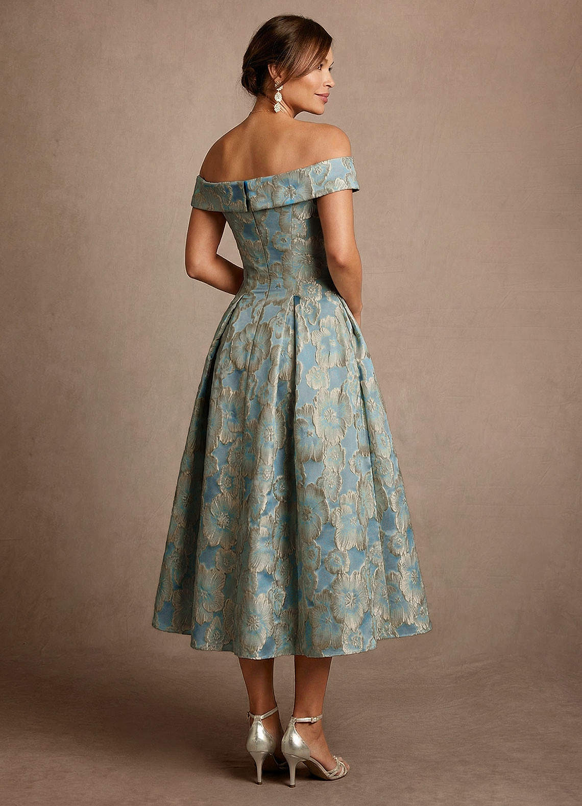Azazie Centralia Mother of the Bride Dresses Lake Blue Jacquard A-Line Off the Shoulder Floral Jacquard Dress image2
