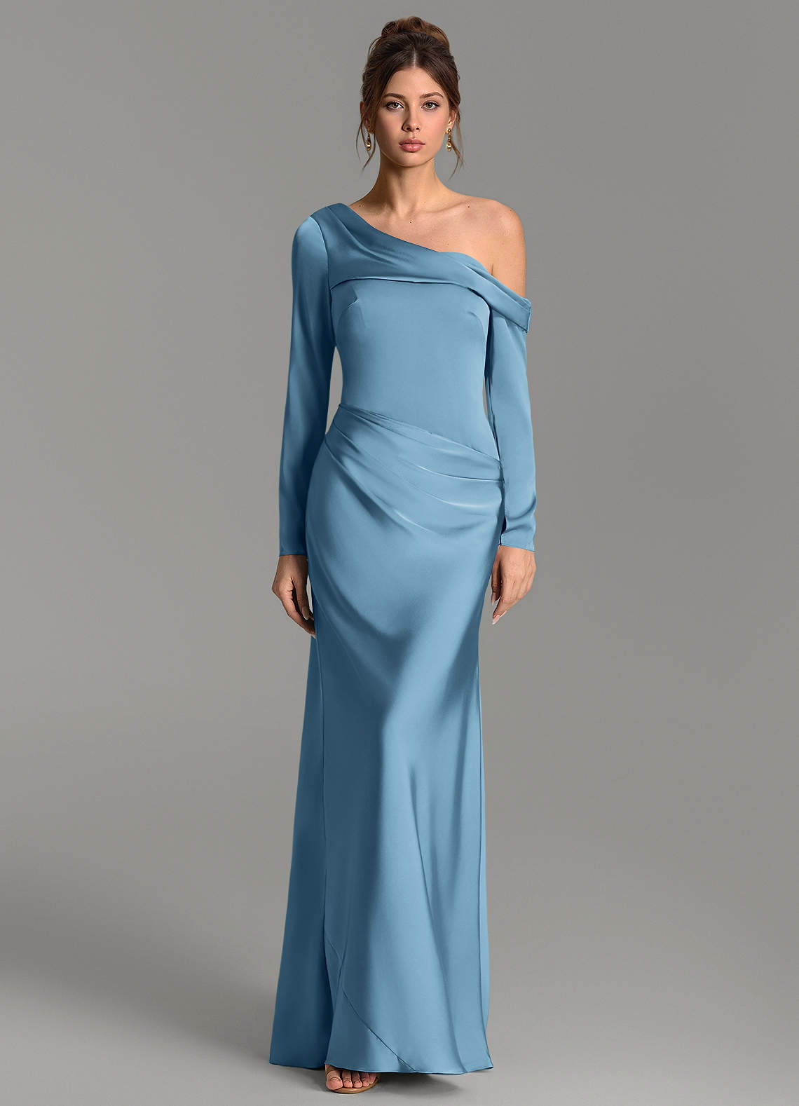 steel blue long bridesmaid dresses Azazie Sandra Blush