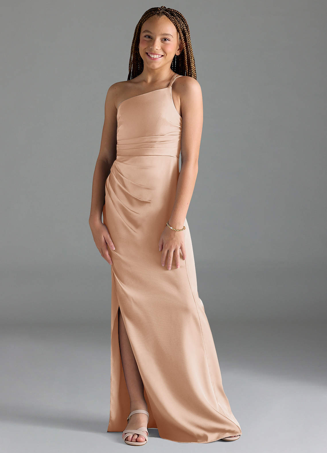 Azazie Eren Junior English Rose Sheath Pleated Stretch Satin Dress image1