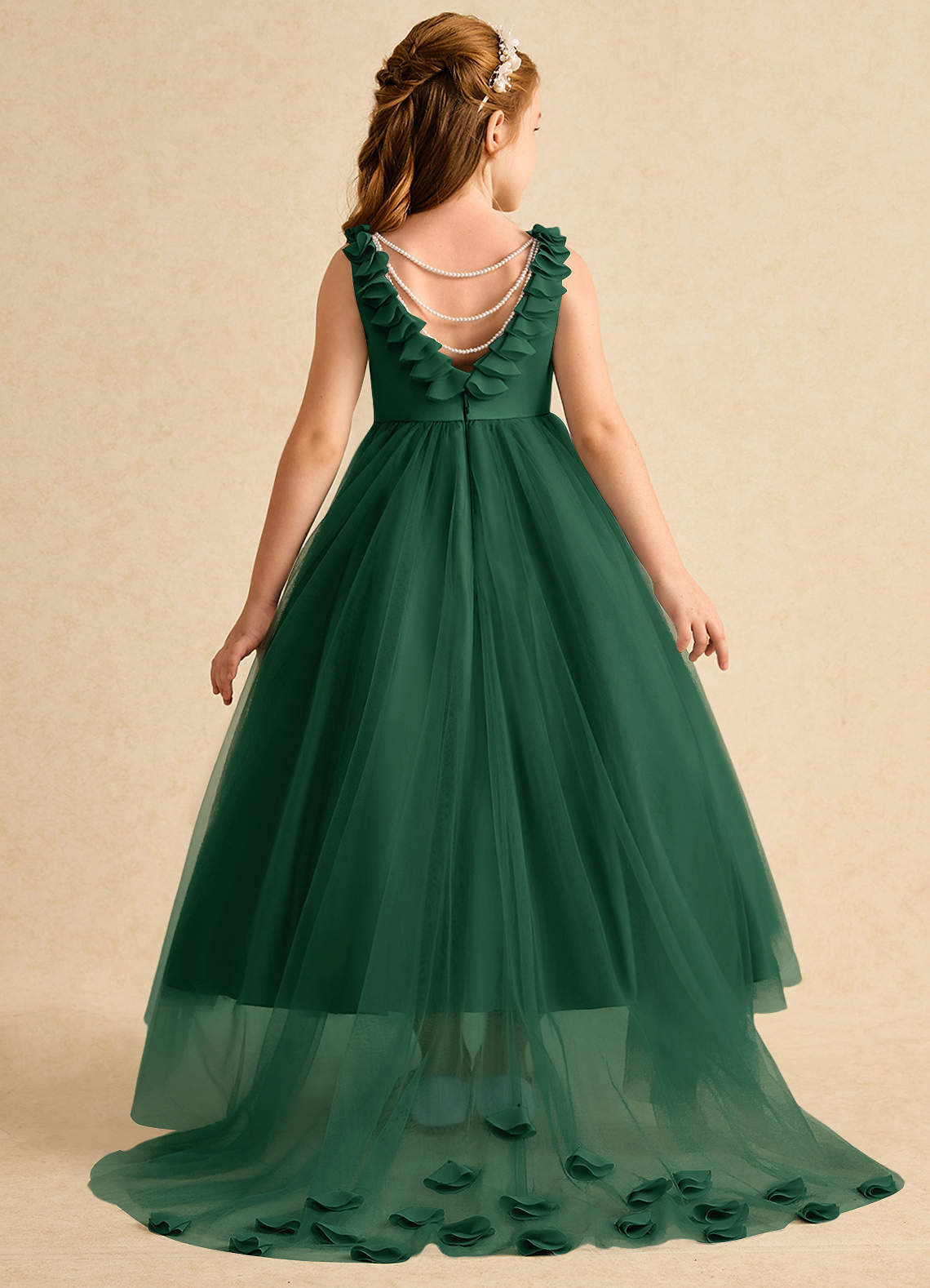 Azazie Lorita Flower Girl Dresses Dark Green A-Line Beaded Tulle Dress image1