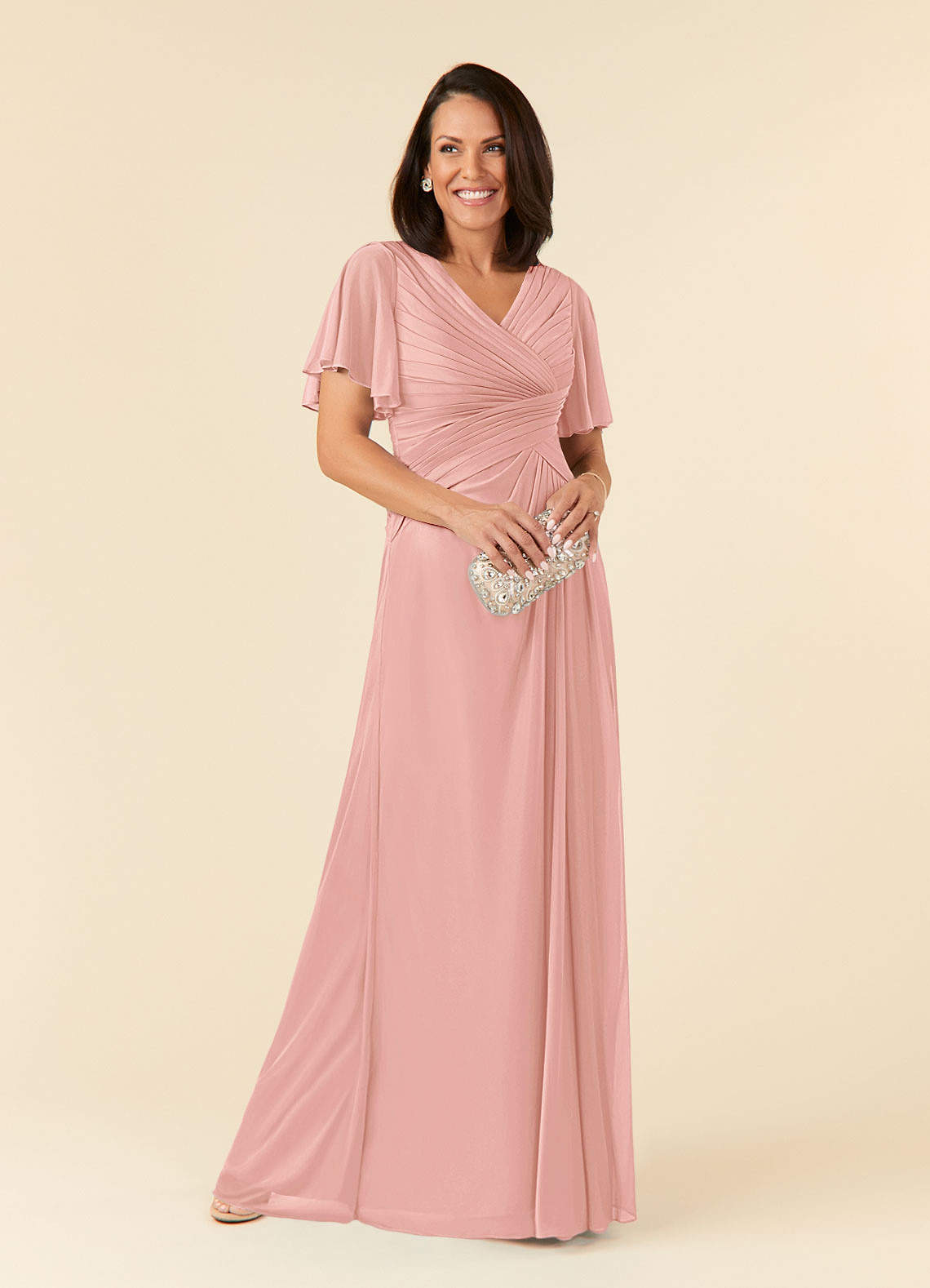 Azazie Emmeline Mother of the Bride Dresses Rosette A-Line V-Neck Pleated Mesh Dress image1