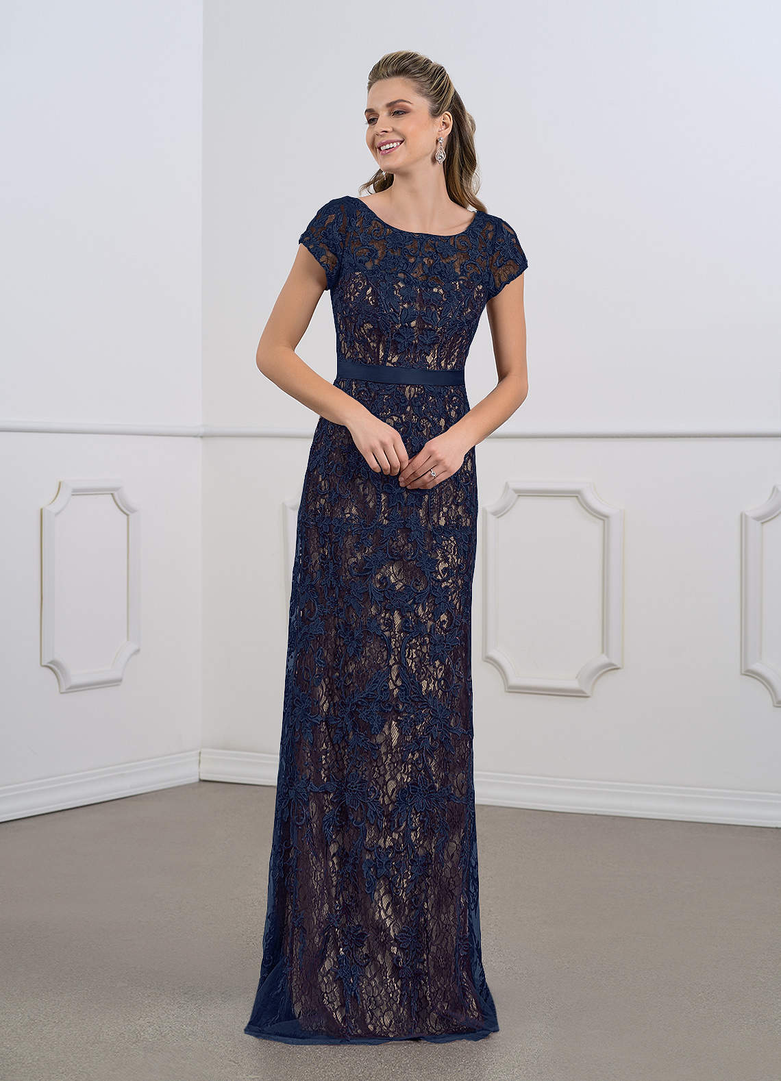 Azazie Dorit Dark Navy Champagne Sheath Scoop Lace Dress | Azazie