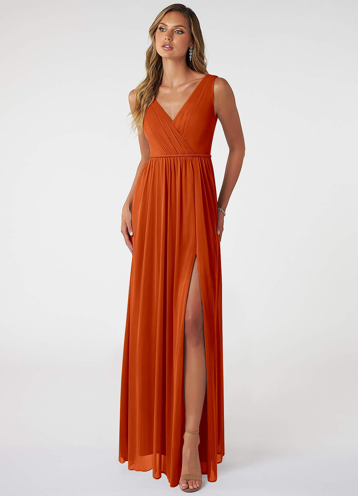 Azazie Tanicia Bridesmaid Dresses Paprika A-Line V-Neck Pleated Mesh Dress image1