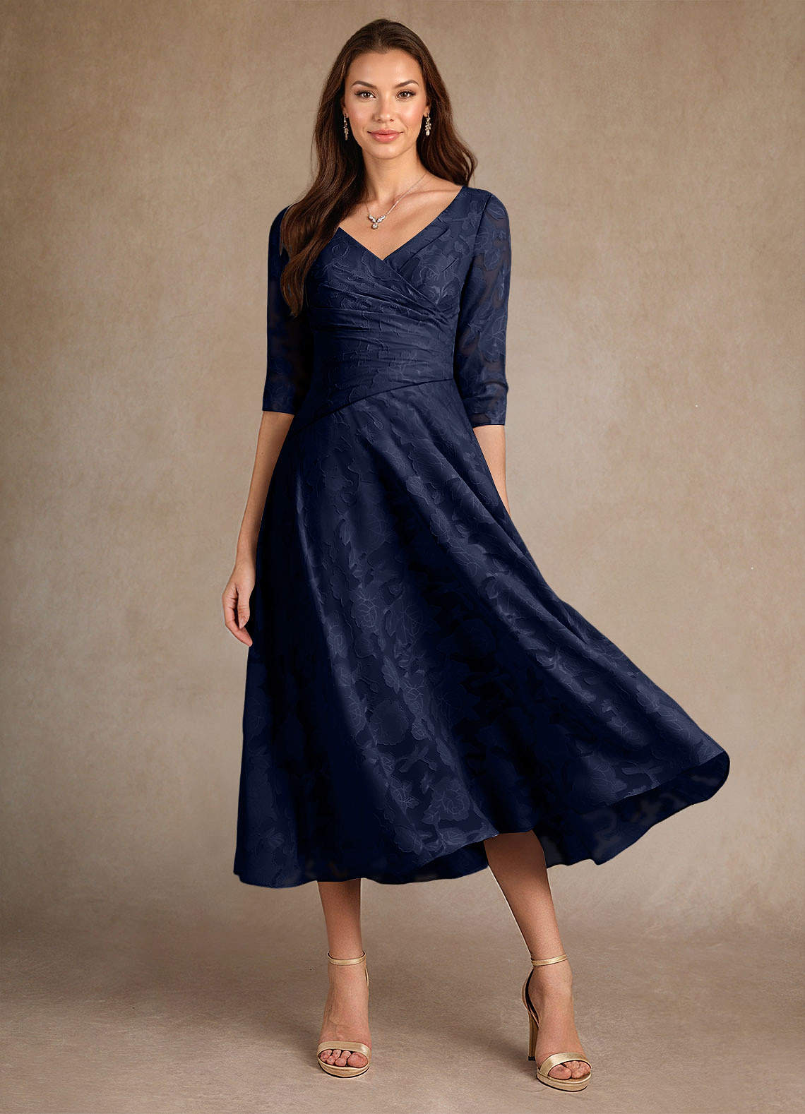 Azazie Durant Dark Navy A-Line Pleated Floral Burnout Dress | Azazie