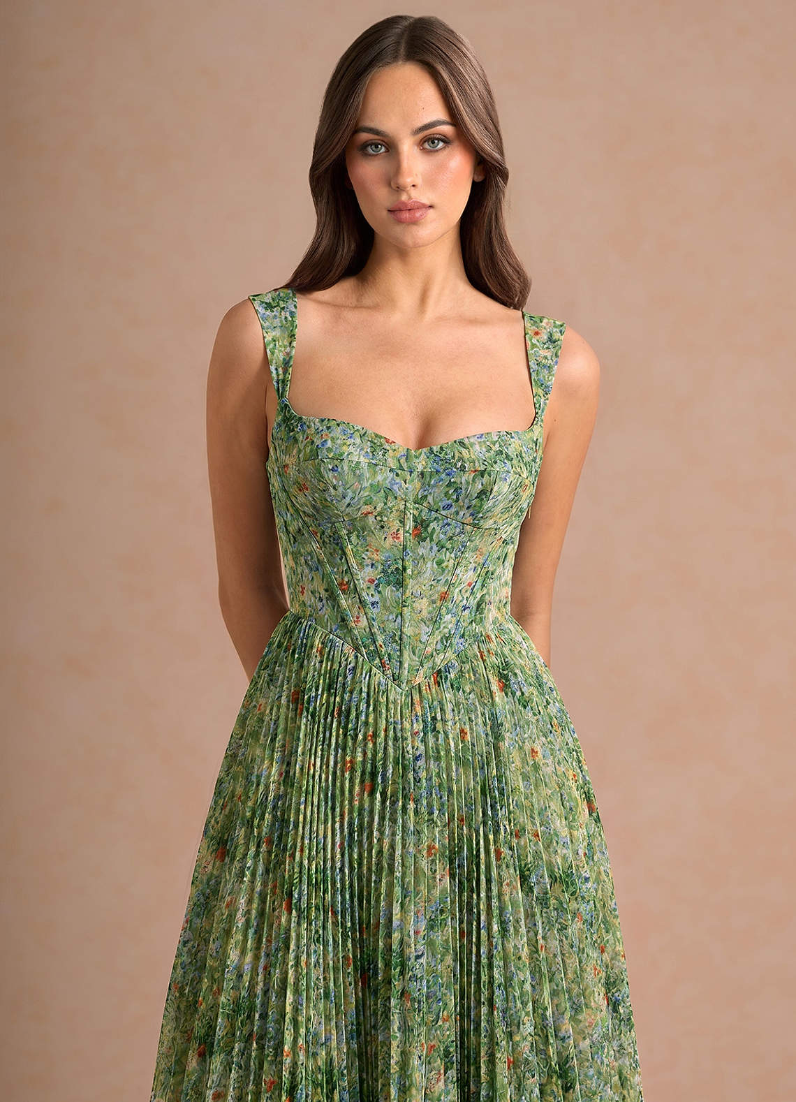 green floral semi formal dress Amoris T871 Floral A-Line Gown With Modest Cowl Neckline and Scarf Sage / 3XL
