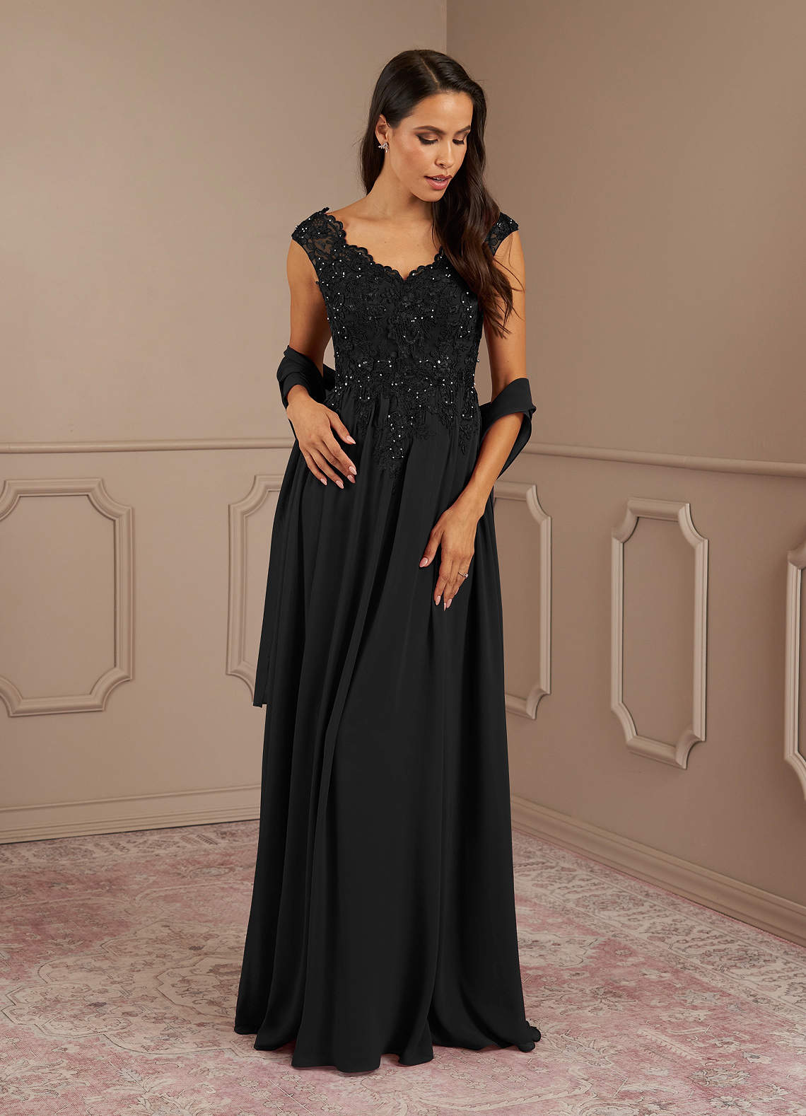 Black Azazie Amethyst A-Line V-Neck Sequins Chiffon Floor-Length Dress ...