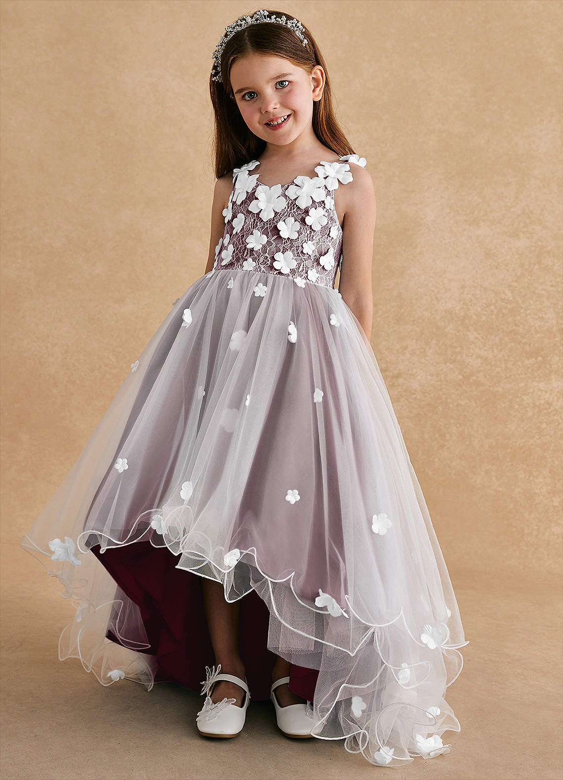 Azazie Celia Flower Girl Dresses Cabernet A-Line Lace Tulle Dress image4