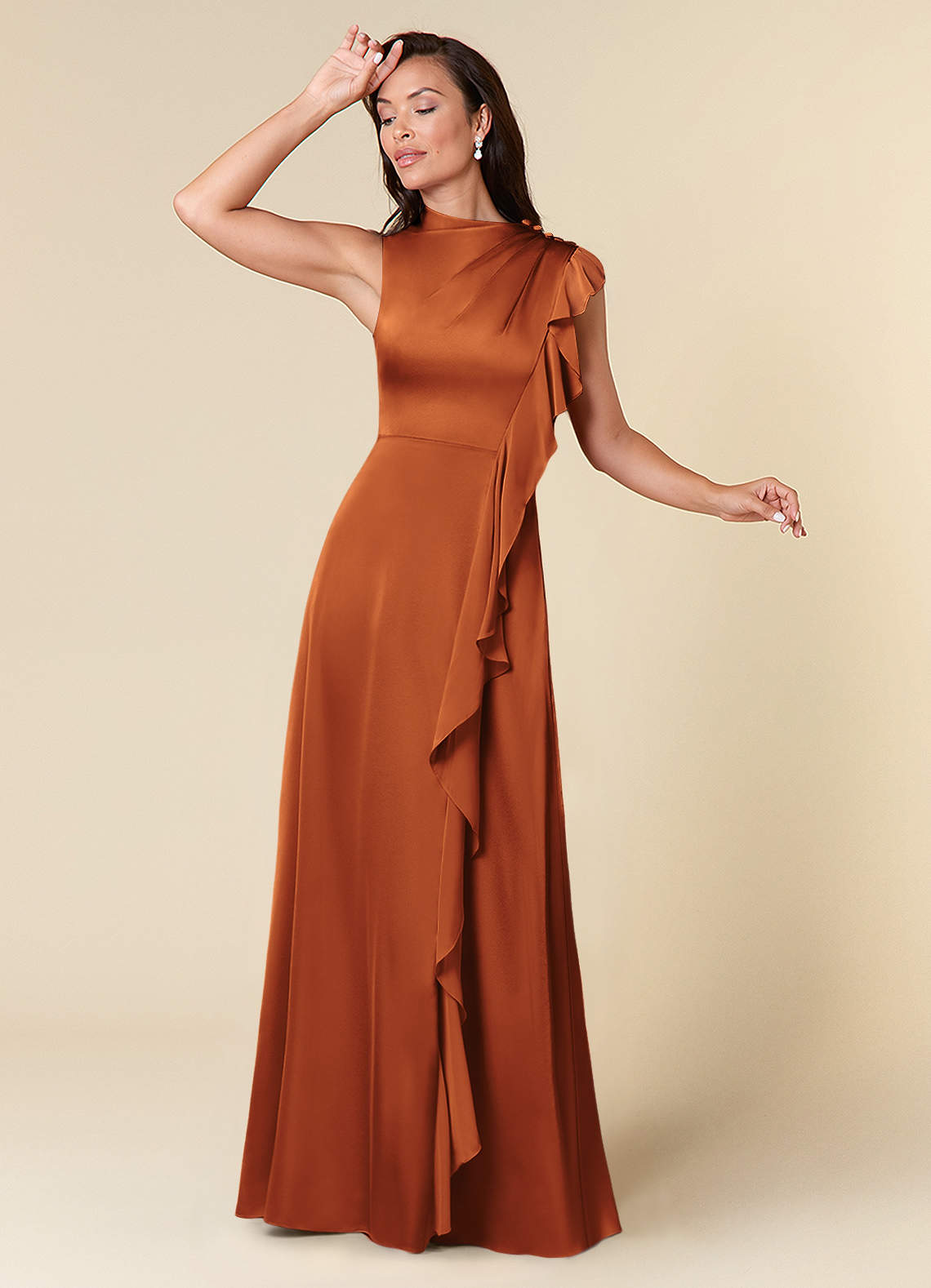 Azazie Narine Mother of the Bride Dresses Cinnamon A-Line High Neckline Pleated Stretch Satin Dress image1