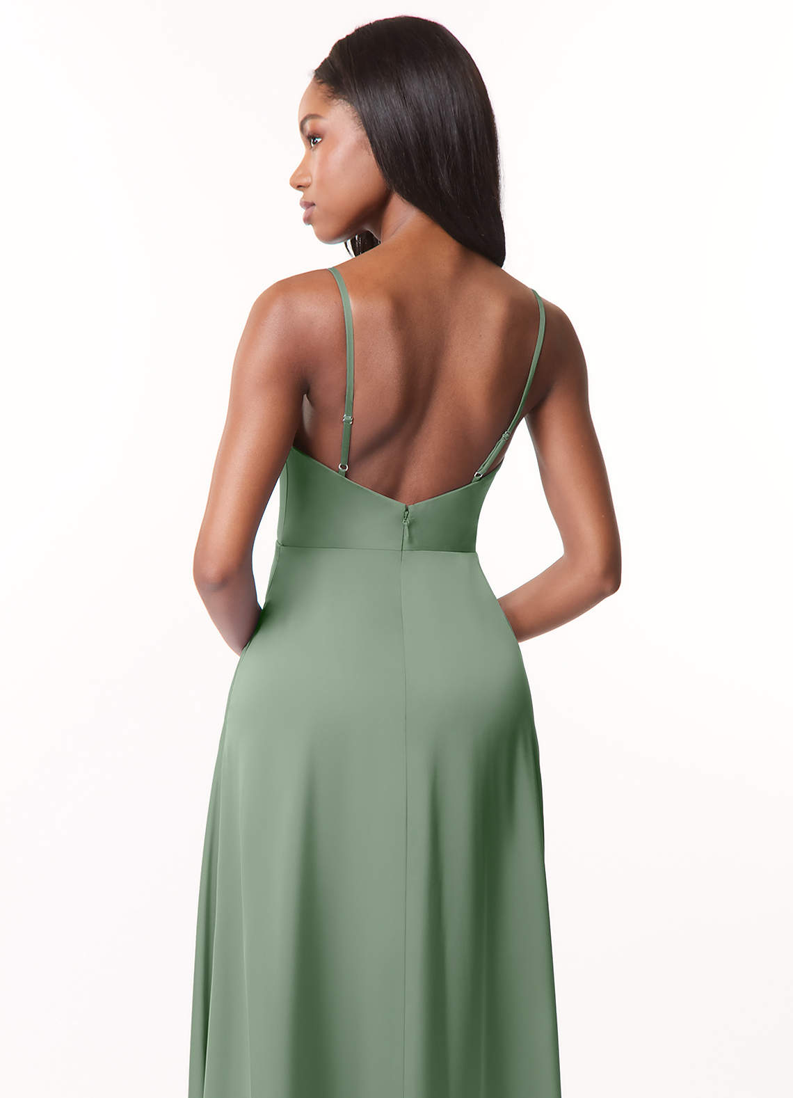 Azazie Brielle Robes de demoiselle d'honneur Robe Trapèze en Satin extensible Bretelles spaghetti Matcha image4