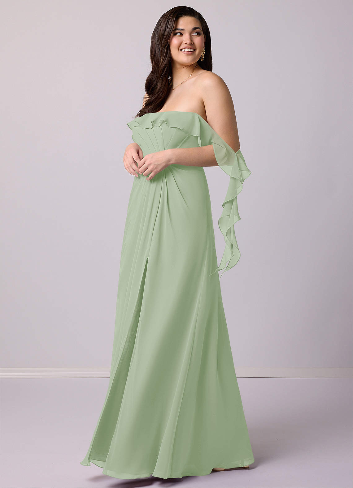 Barbie ♥ Azazie Bridesmaid Dresses Dusty Sage A-Line Off the Shoulder Chiffon Convertible Dress image10